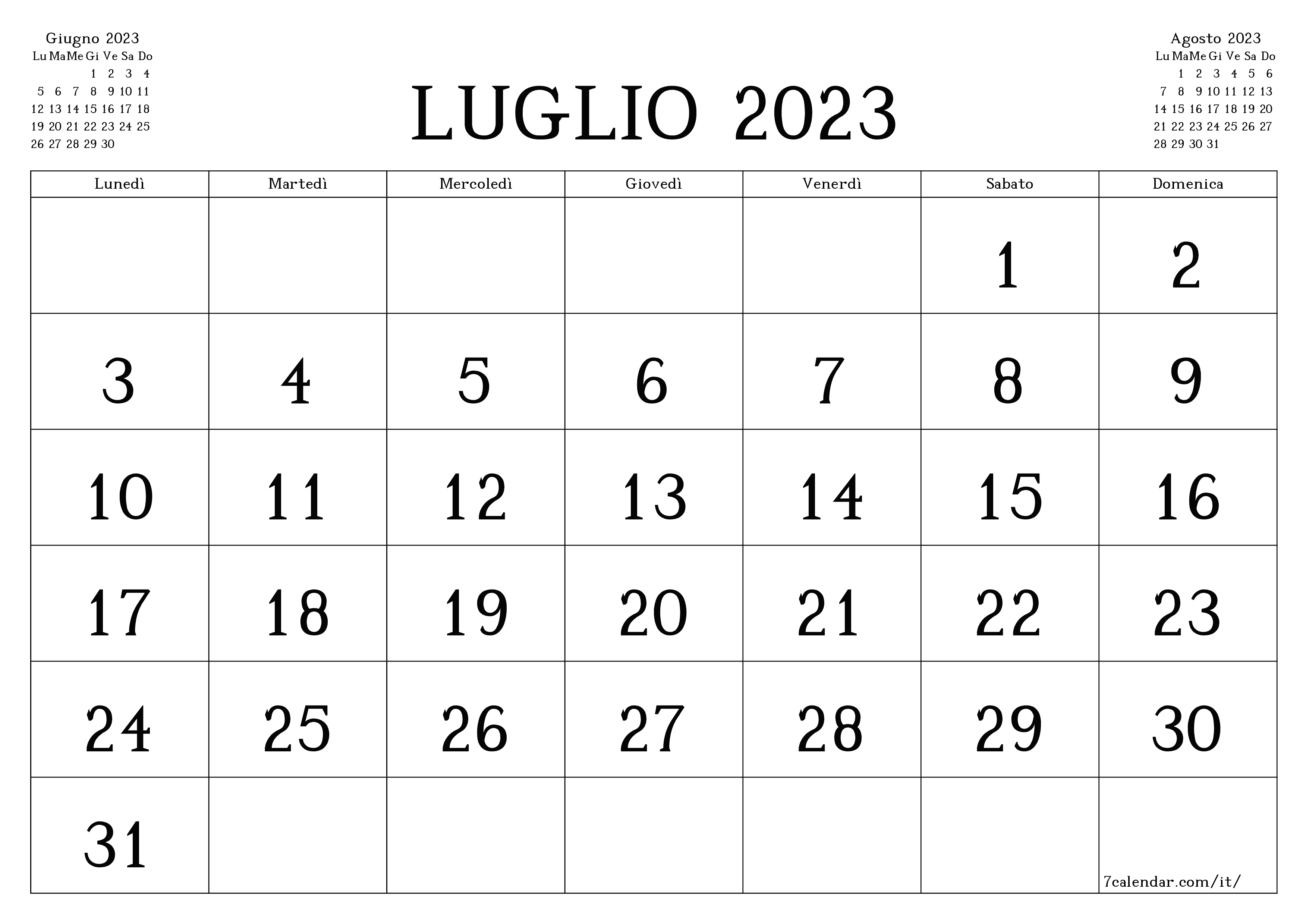 Pianificatore mensile vuoto per il mese Luglio 2023 con note, salva e stampa in PDF PNG Italian