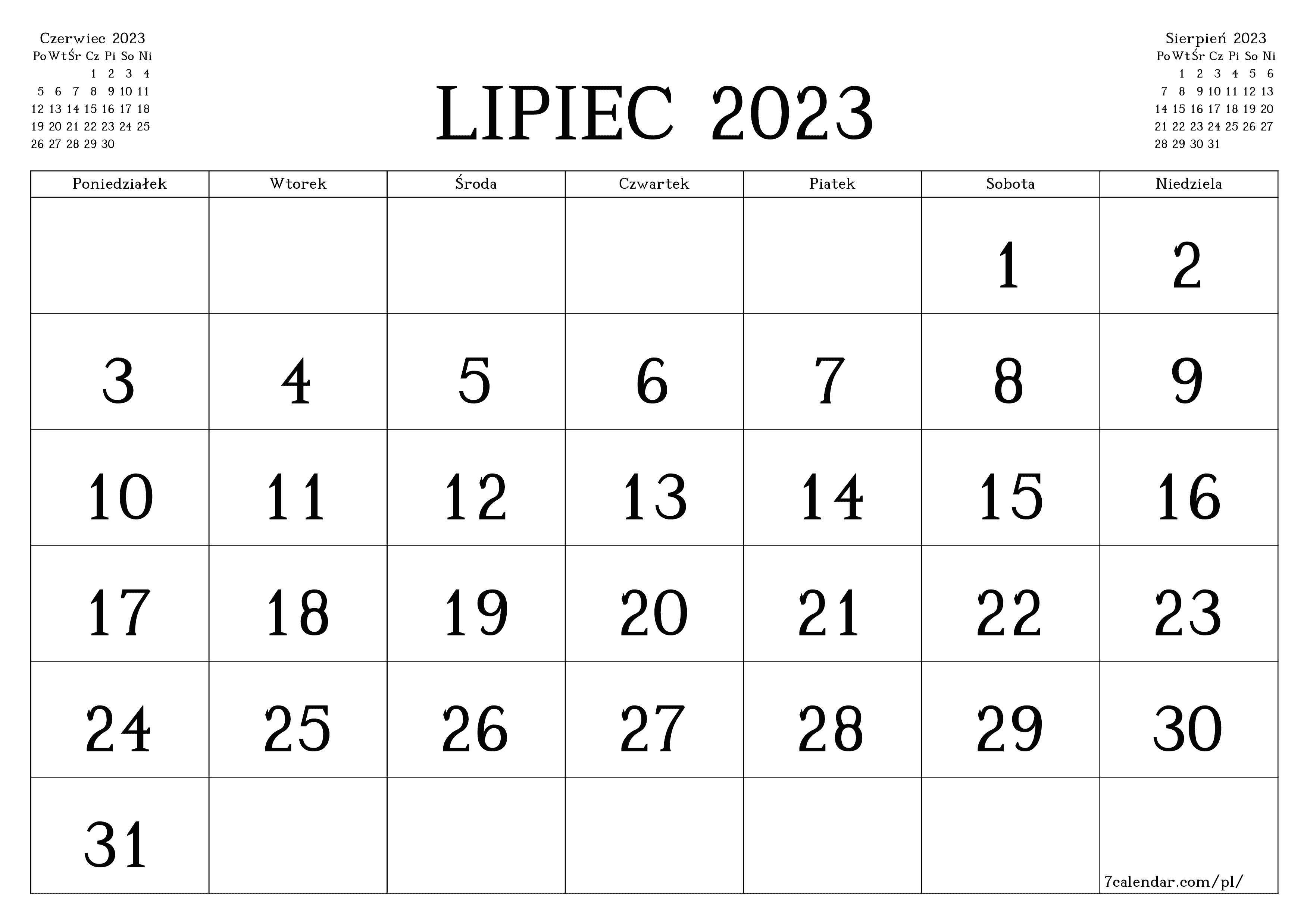 Opróżnij miesięczny planer na miesiąc Lipiec 2023 z notatkami, zapisz i wydrukuj w formacie PDF PNG Polish