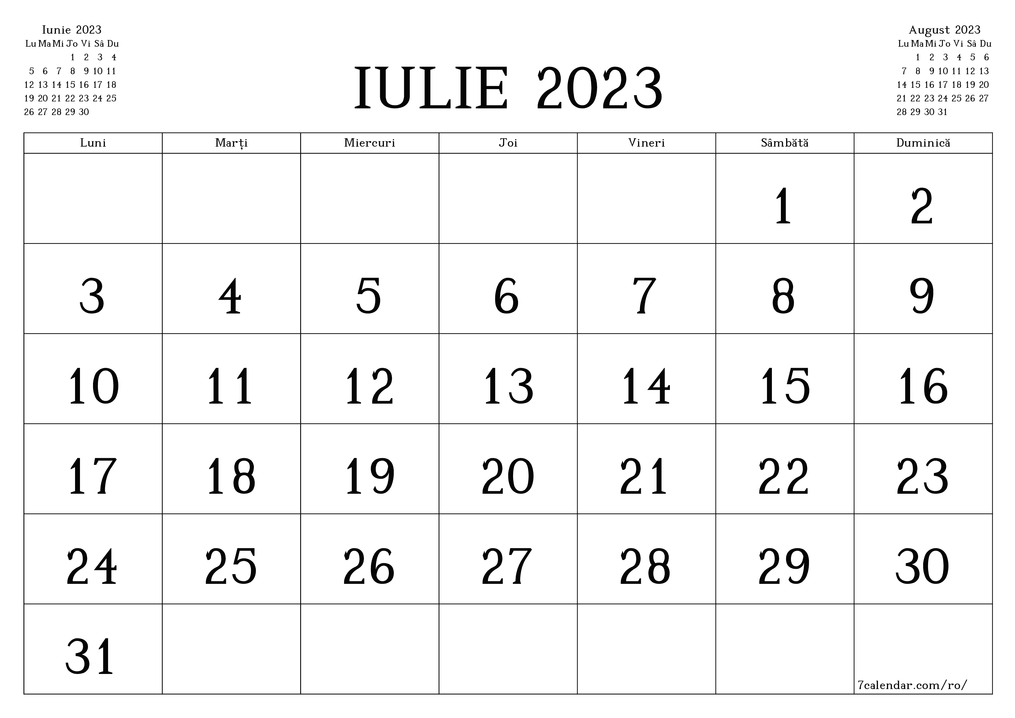 Planificator lunar gol pentru luna Iulie 2023 cu note, salvați și tipăriți în PDF PNG Romanian
