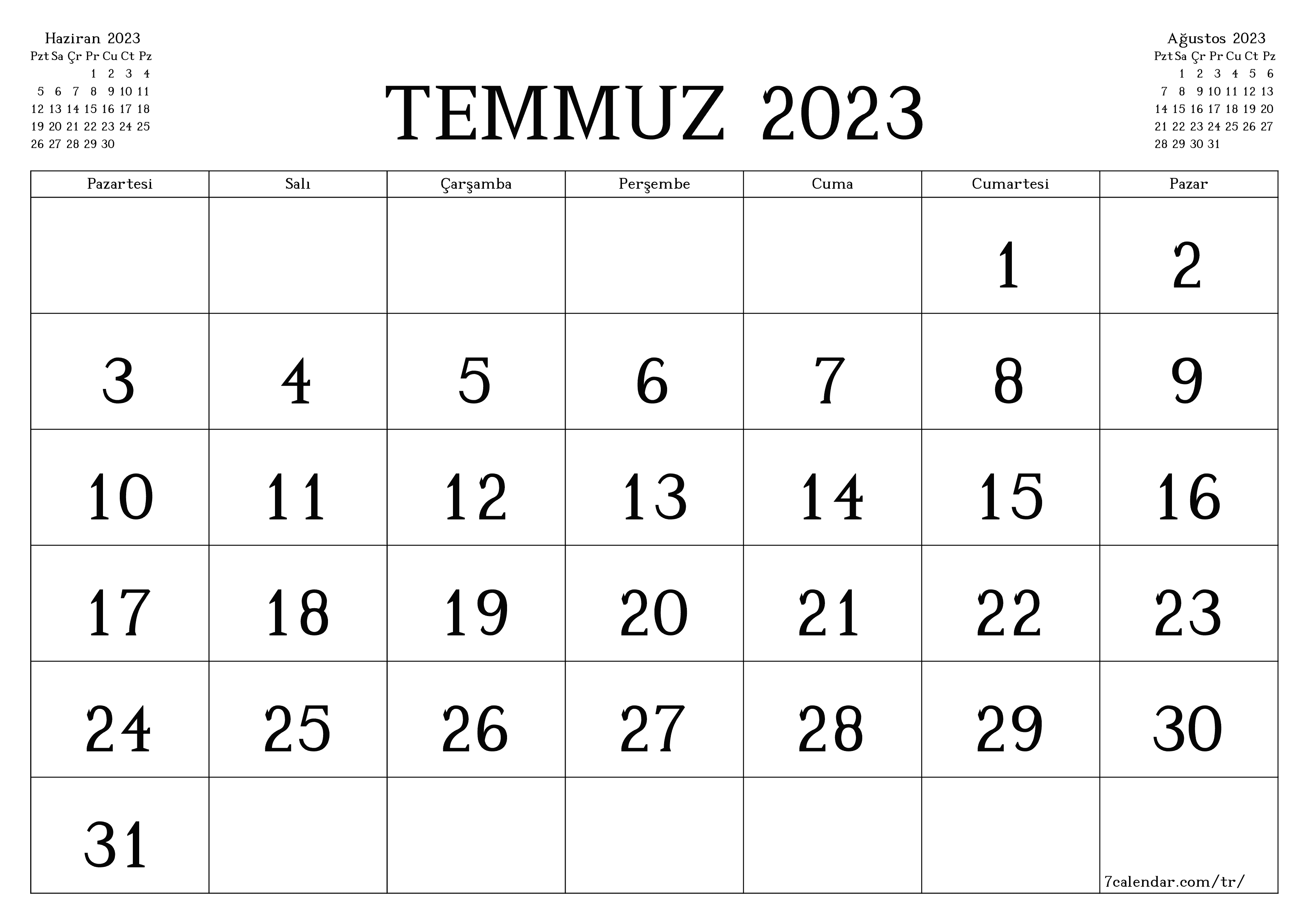Temmuz 2023 ayı için notlarla birlikte boş aylık planlayıcı, kaydedin ve PDF'ye yazdırın PNG Turkish
