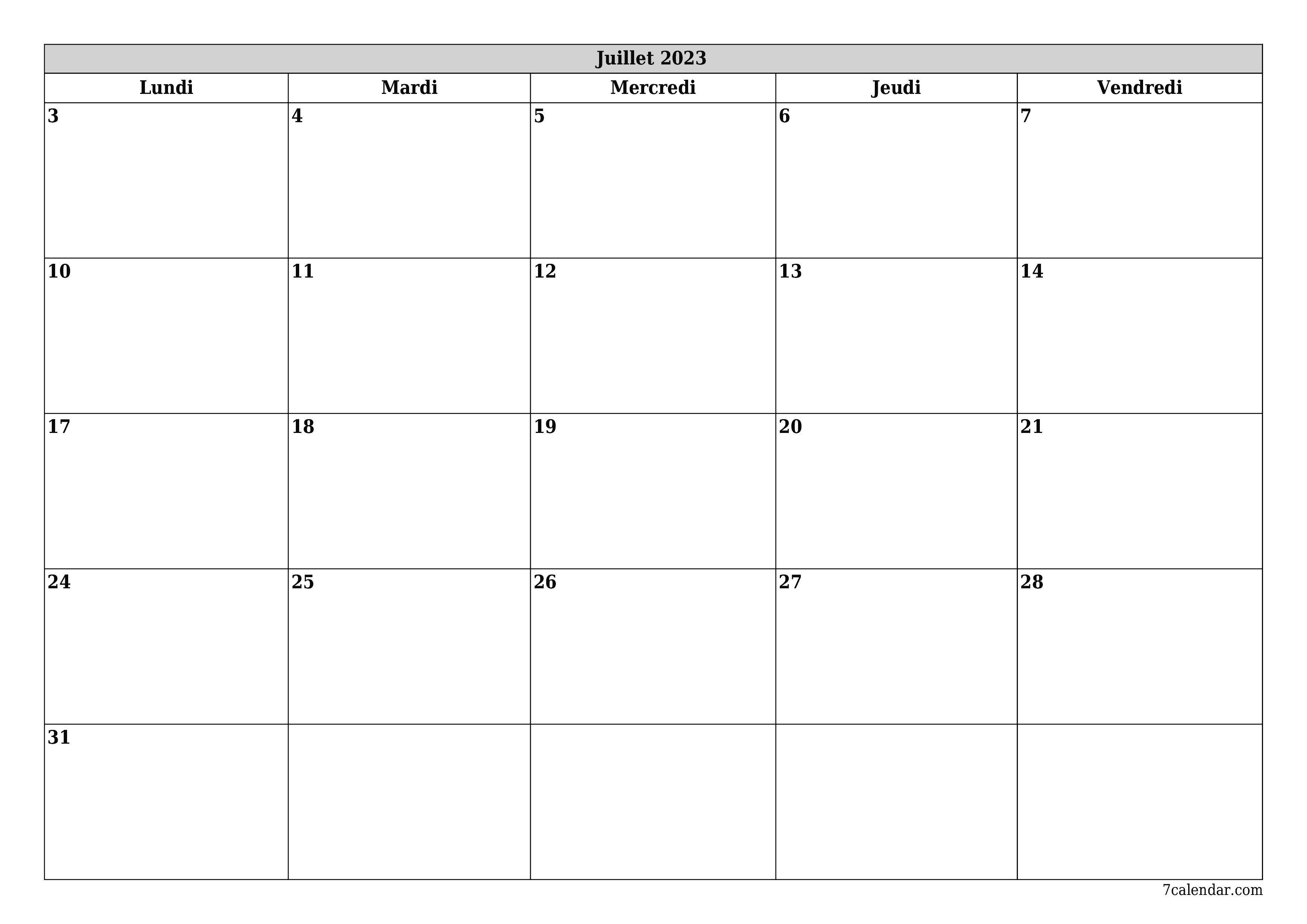 Agenda mensuel vide pour le mois Juillet 2023 avec notes, enregistrez et imprimez au format PDF PNG French