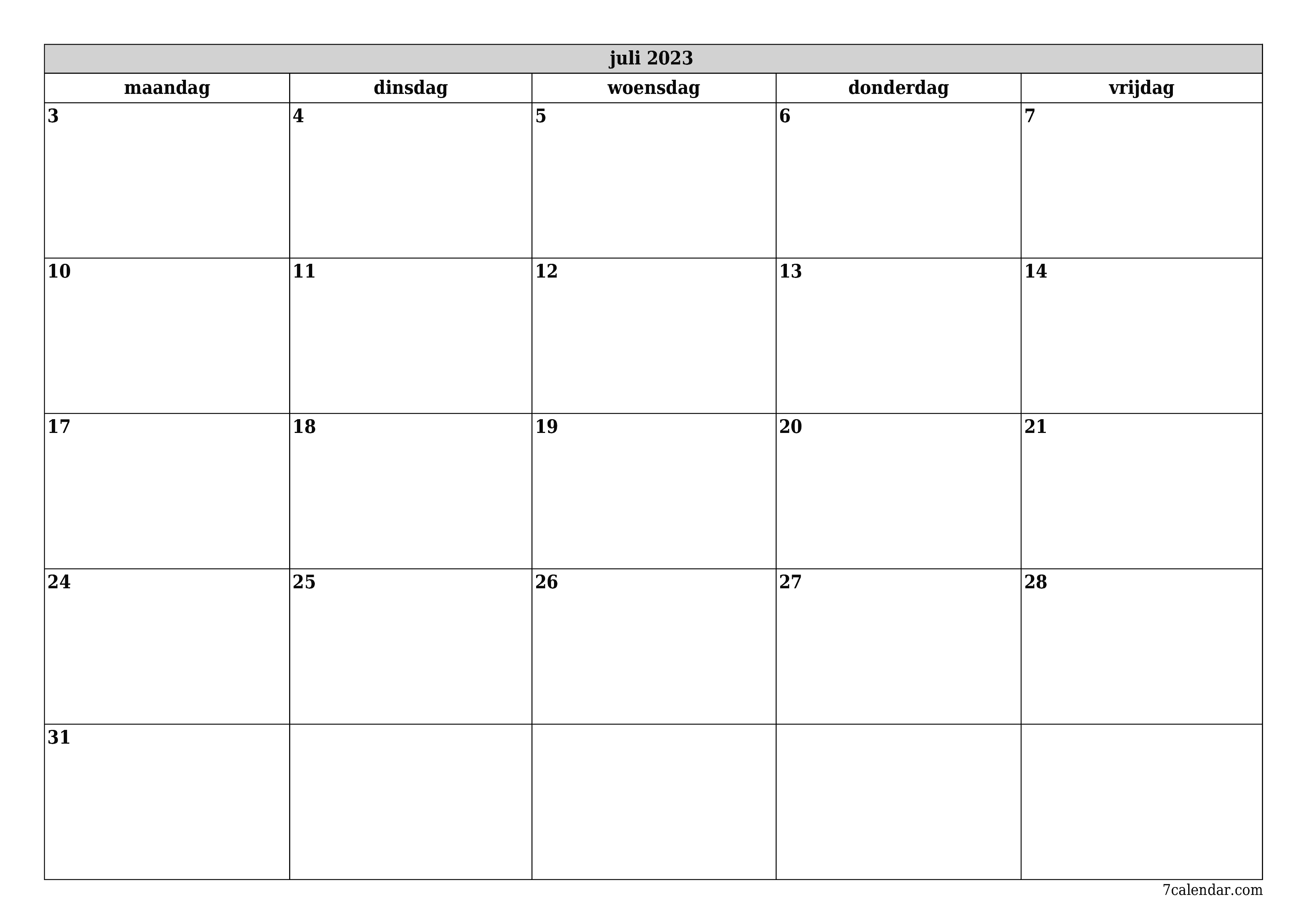 Lege maandplanner voor maand juli 2023 met notities, opslaan en afdrukken naar pdf PNG Dutch