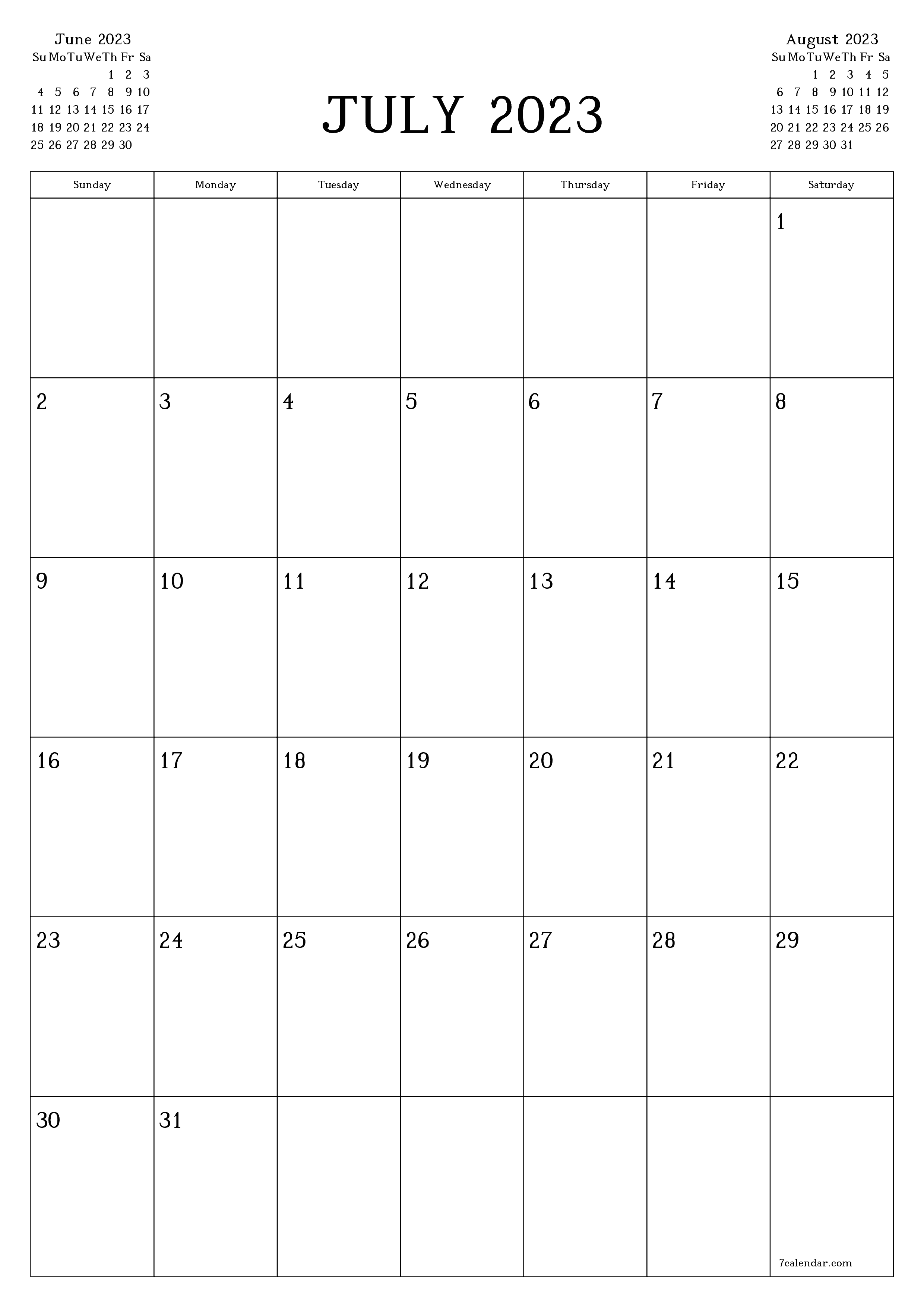 Blank monthly printable calendar and planner for month July 2023 with notes save and print to PDF PNG English - 7calendar.com