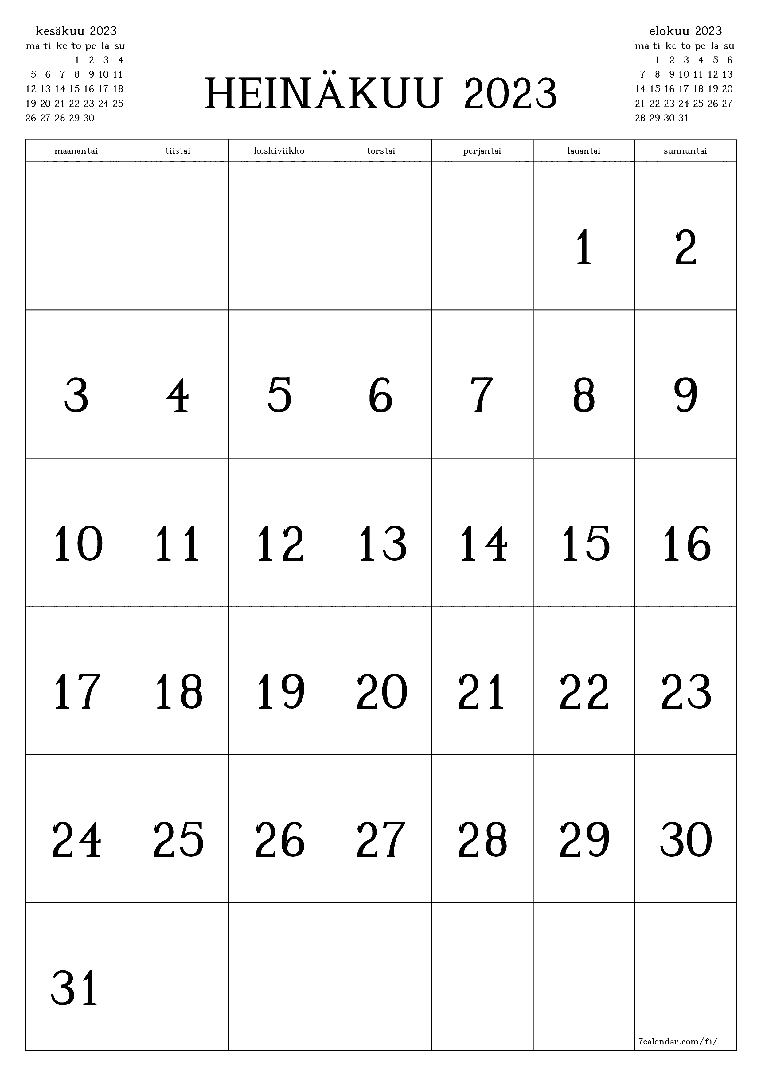 tulostettava seinä n malli ilmainen pystysuora Kuukausittainen kalenteri heinäkuu (heinä) 2023