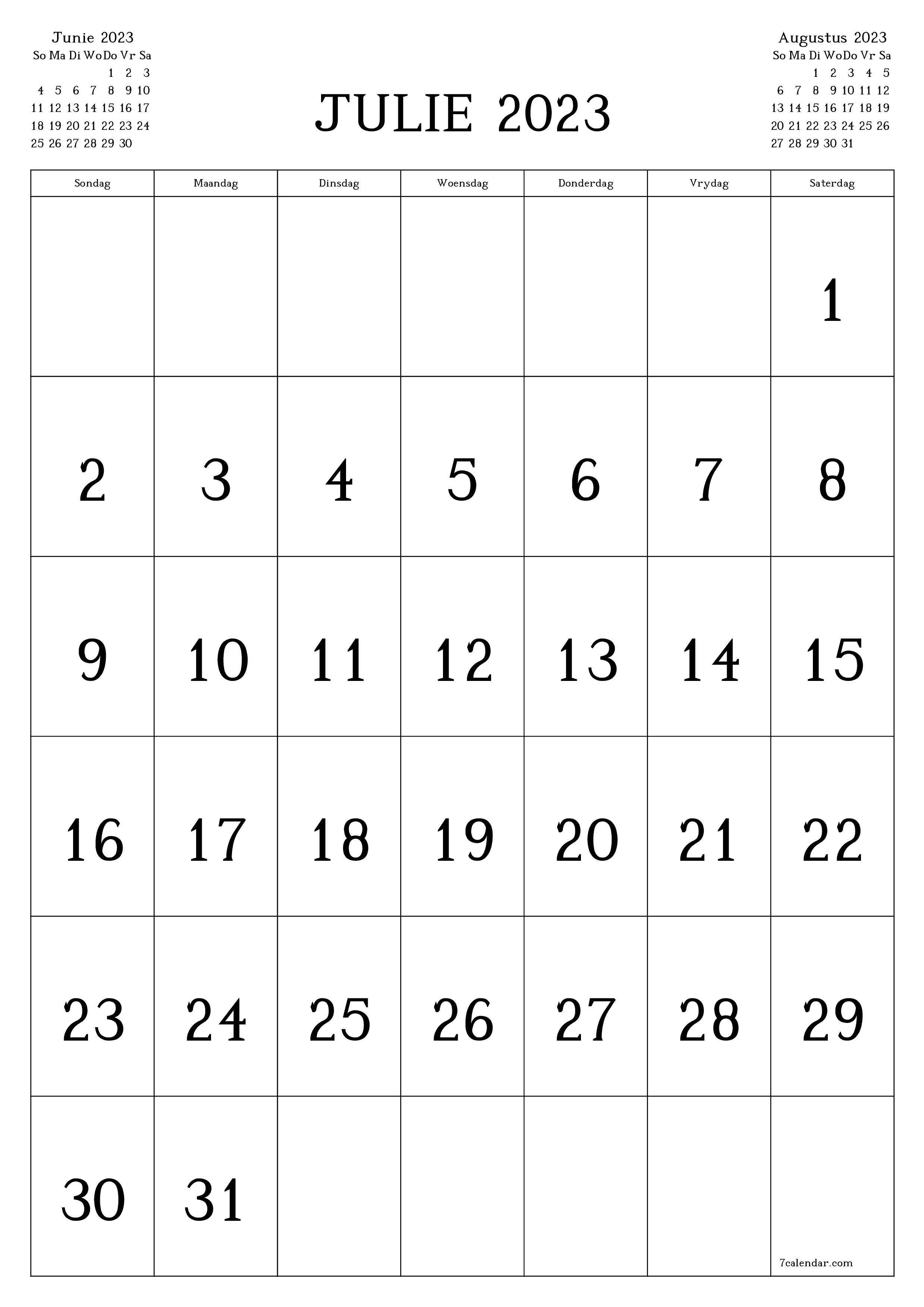 drukbare muur template gratis vertikaal Maandeliks kalender Julie (Jul) 2023