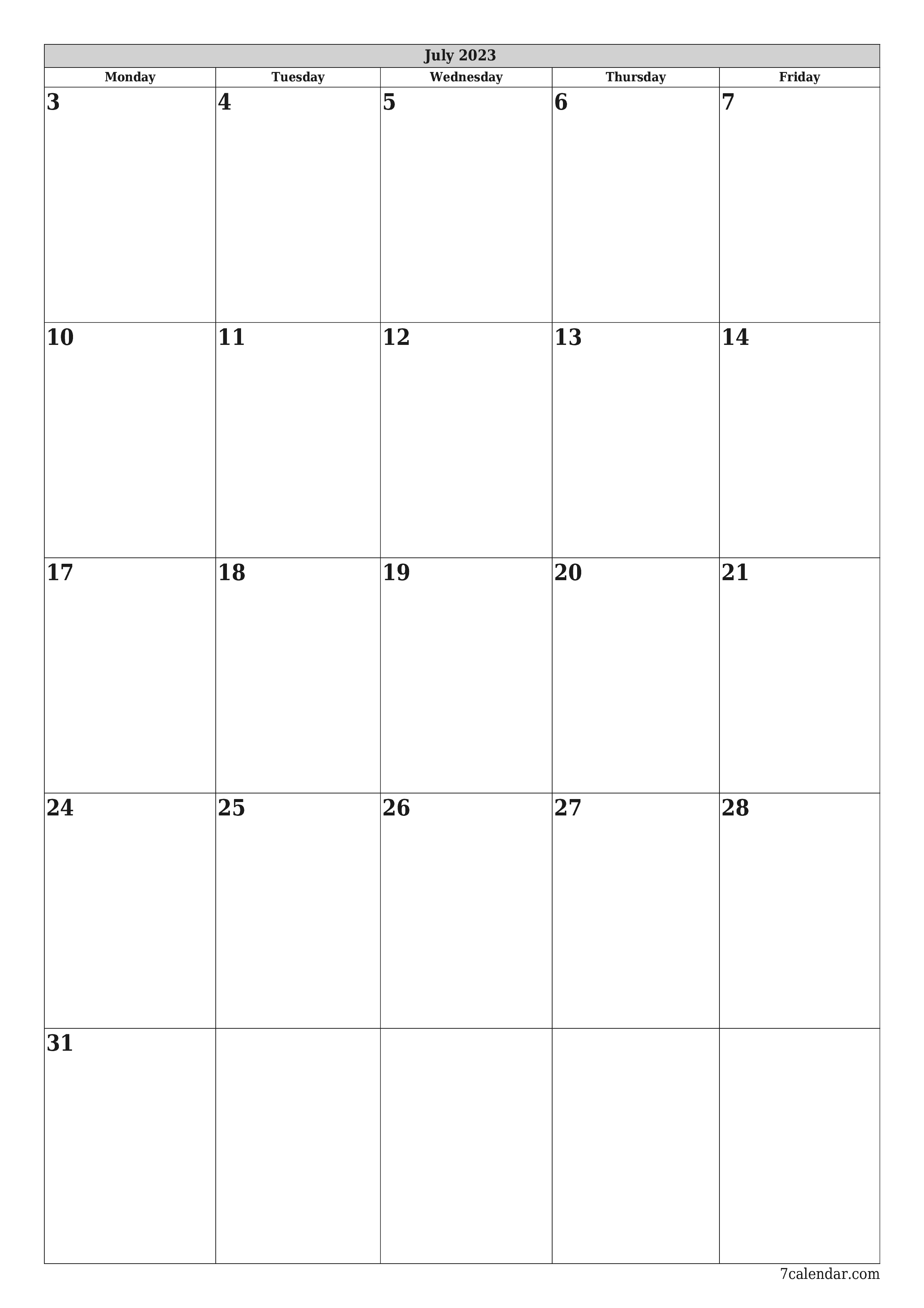 Blank monthly printable calendar and planner for month July 2023 with notes save and print to PDF PNG English