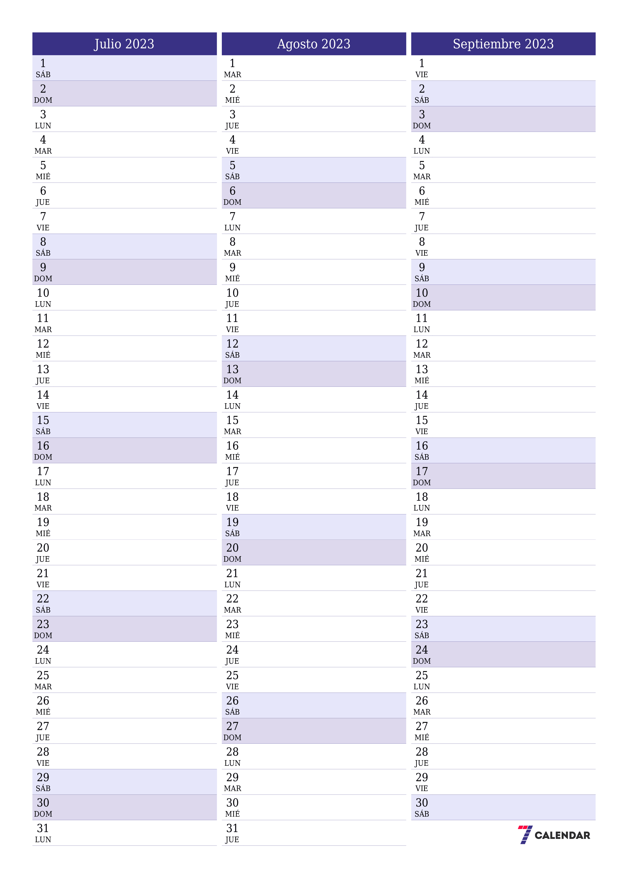 Planificador mensual vacío para el mes Julio 2023 con notas, guardar e imprimir en PDF PNG Spanish