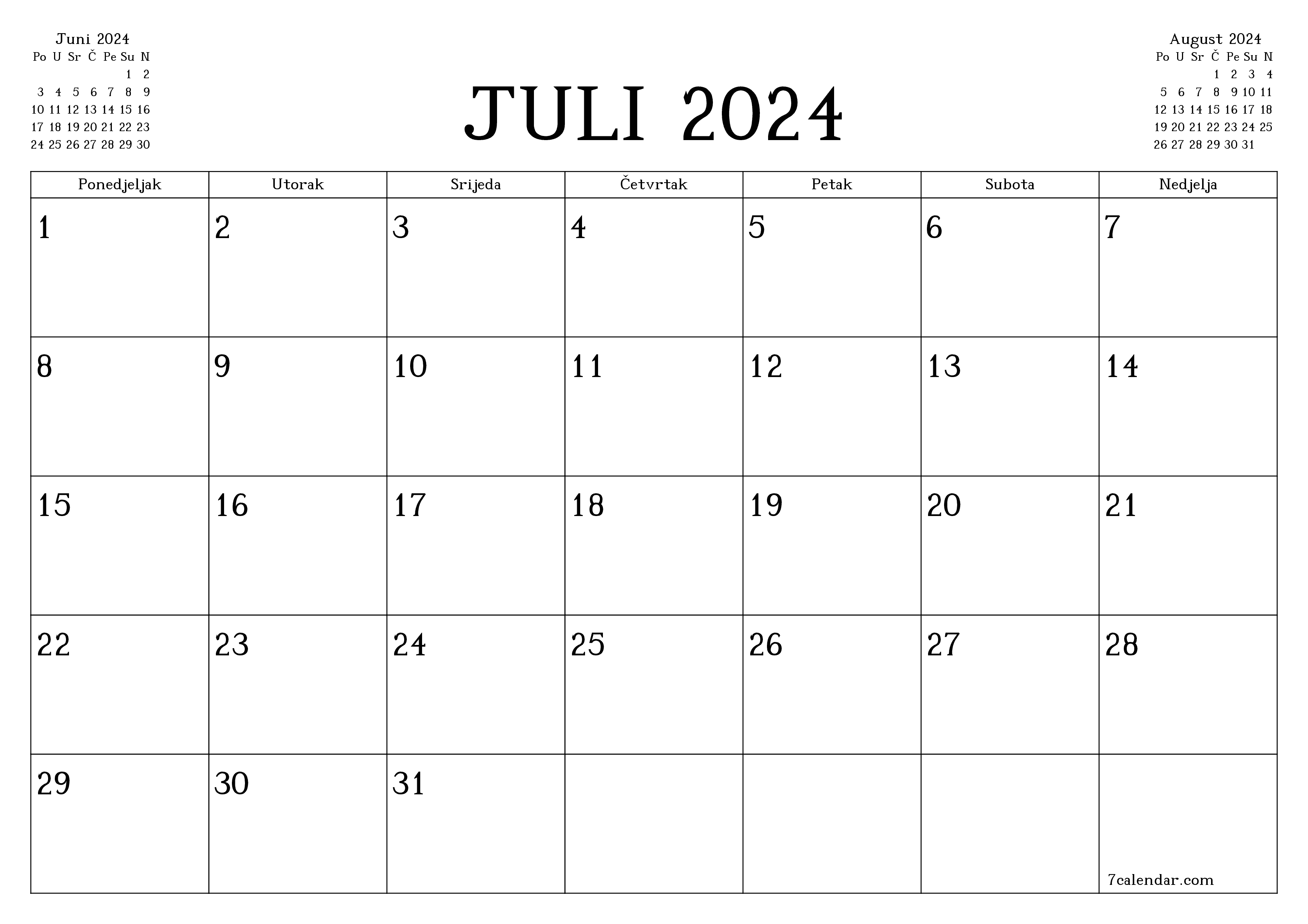 Ispraznite mjesečni planer za mjesec Juli 2024 s bilješkama, spremite i ispišite u PDF PNG Bosnian