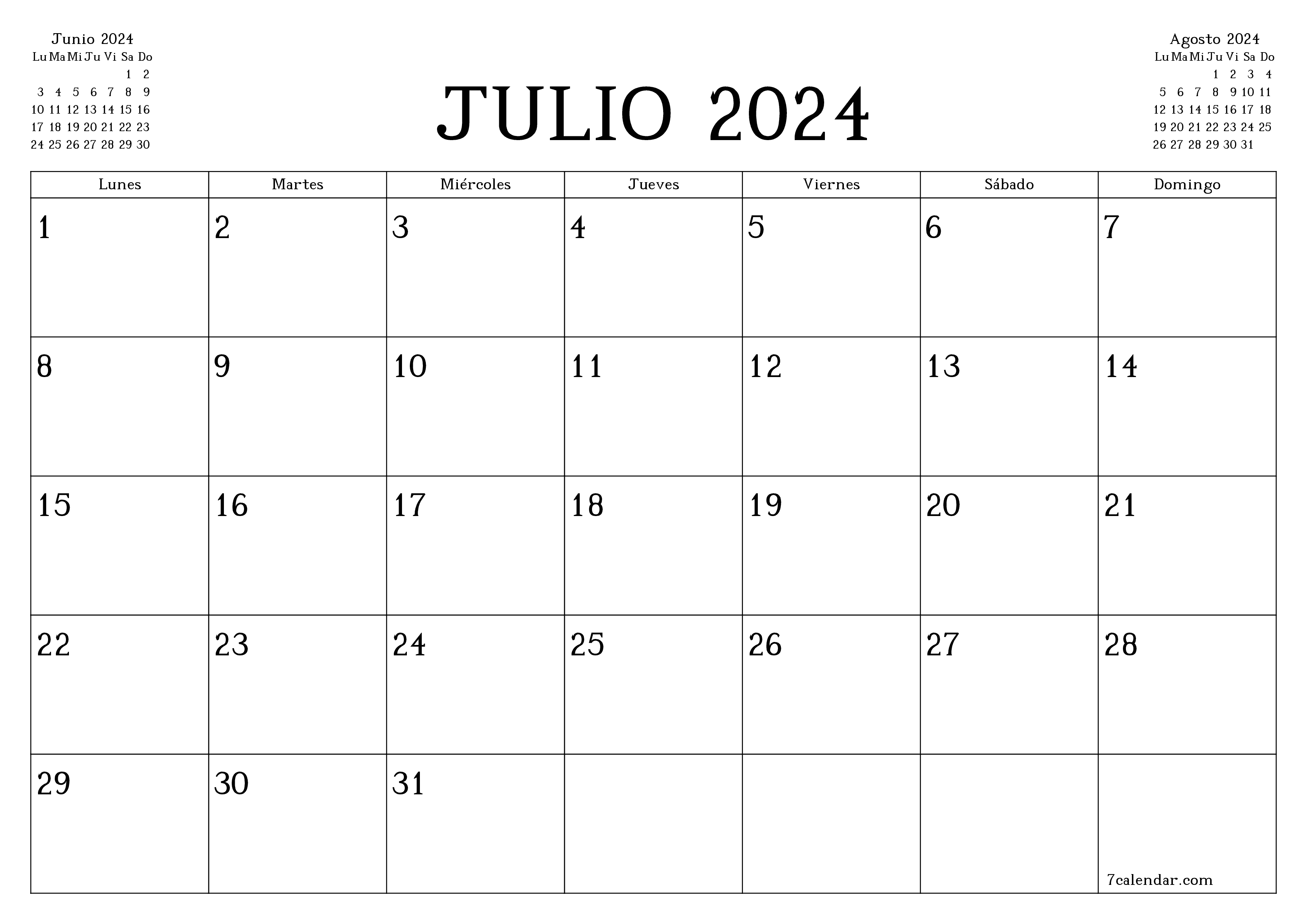 Planificador mensual vacío para el mes Julio 2024 con notas, guardar e imprimir en PDF PNG Spanish