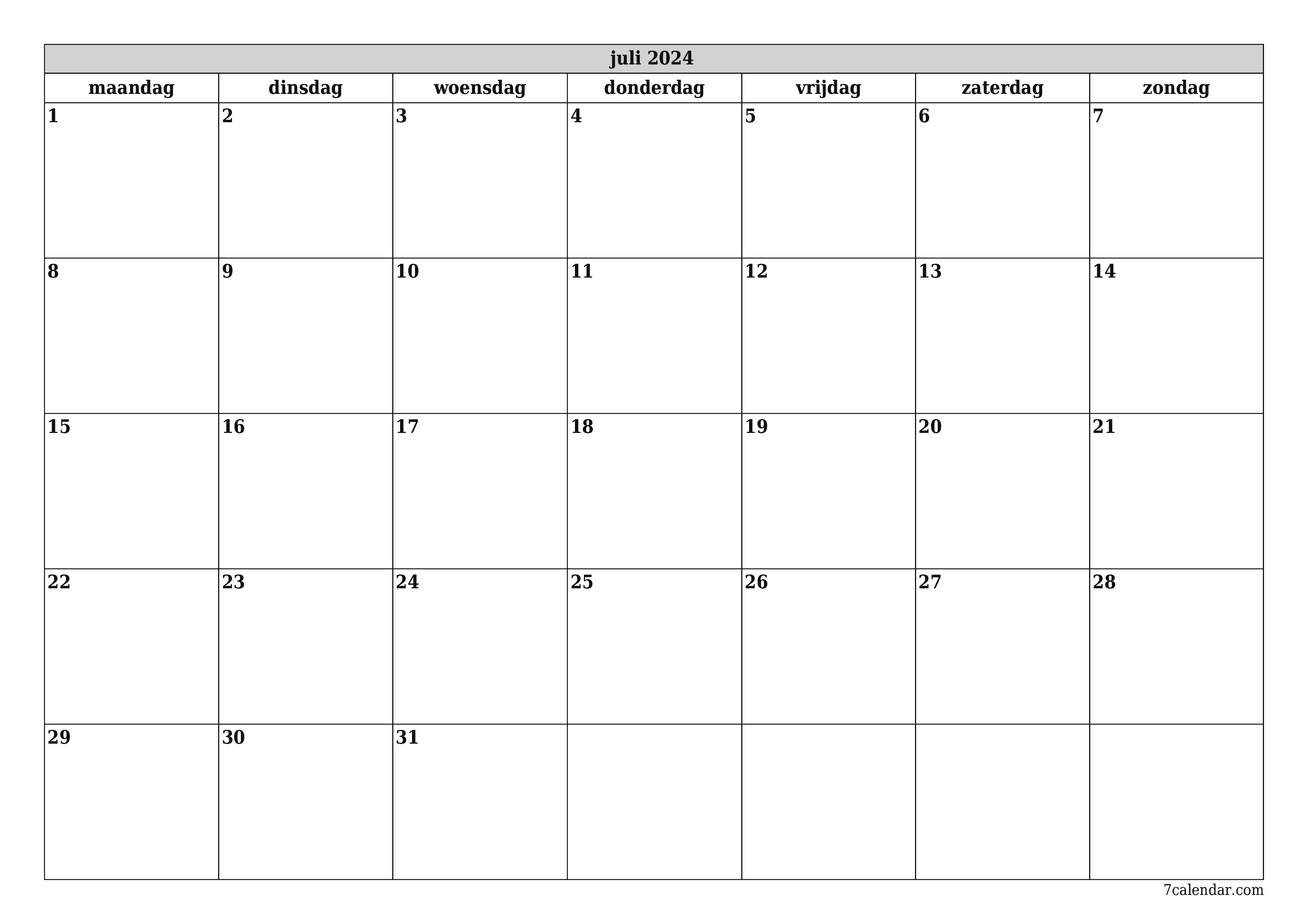 Lege maandplanner voor maand juli 2024 met notities, opslaan en afdrukken naar pdf PNG Dutch