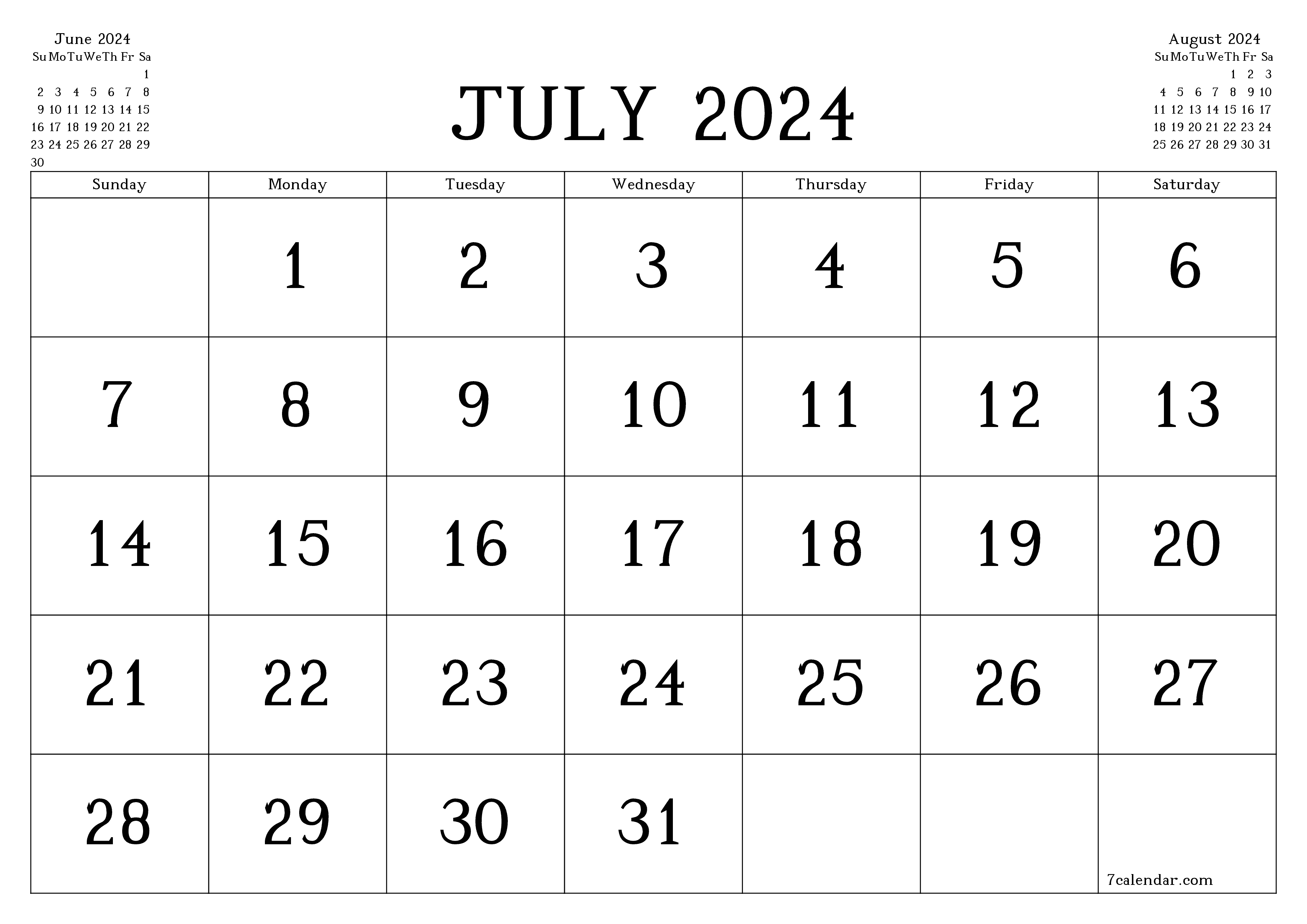 printable wall template free horizontal Monthly calendar July (Jul) 2024