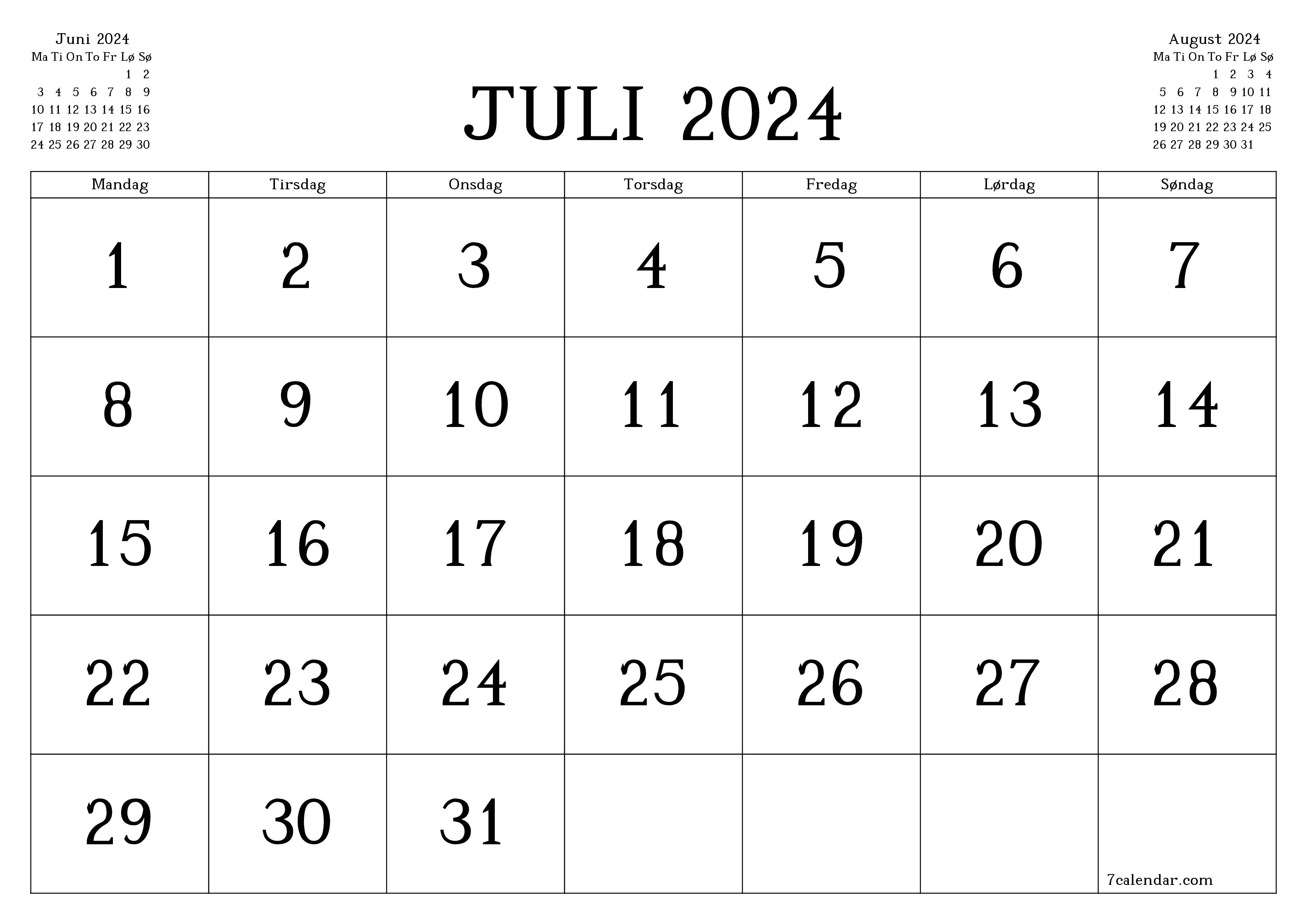 Tom månedlig planlægning for måned Juli 2024 med noter, gem og udskriv til PDF PNG Danish