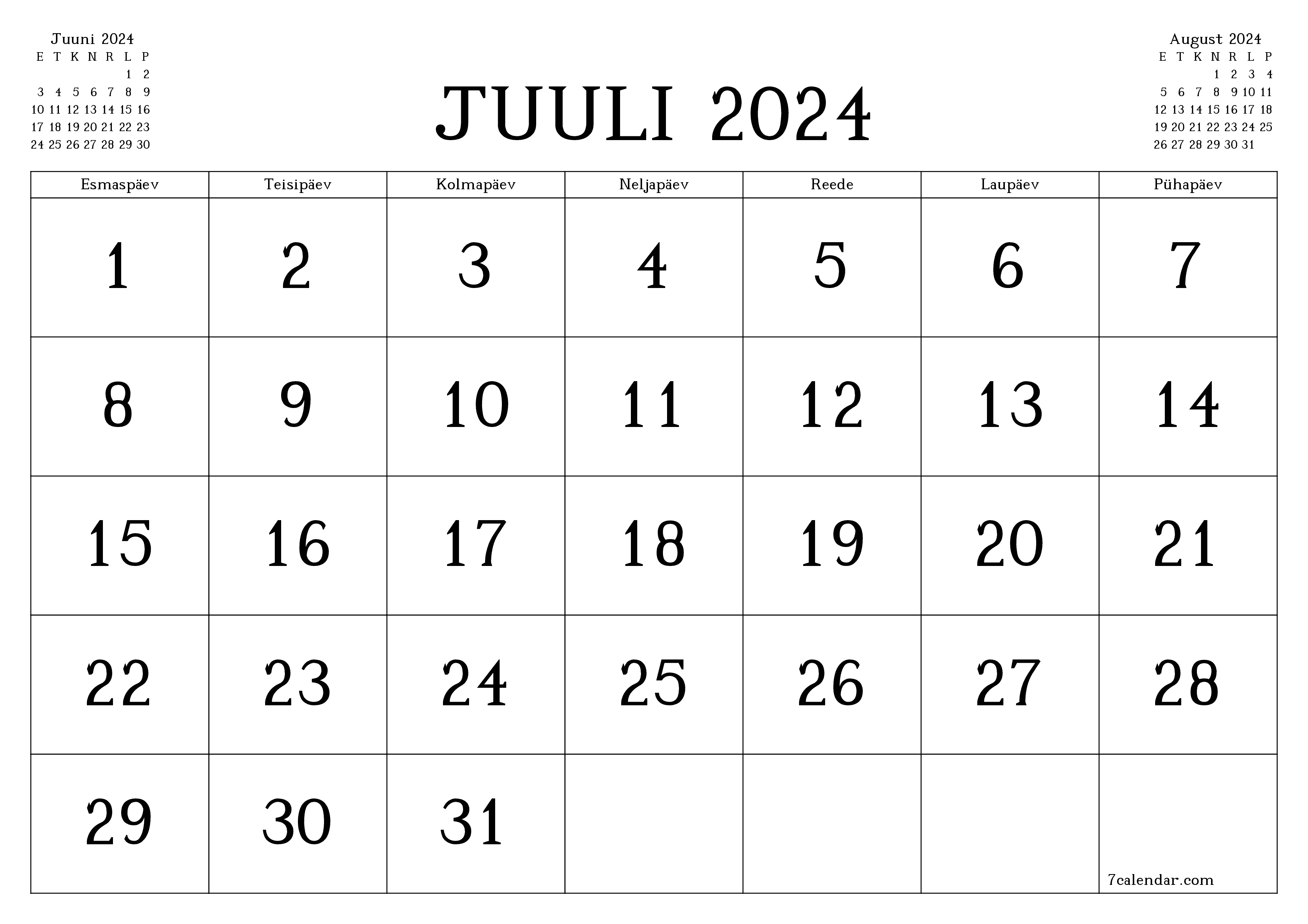 Tühjendage kuu Juuli 2024 kuuplaneerija märkmetega, salvestage ja printige PDF-i PNG Estonian