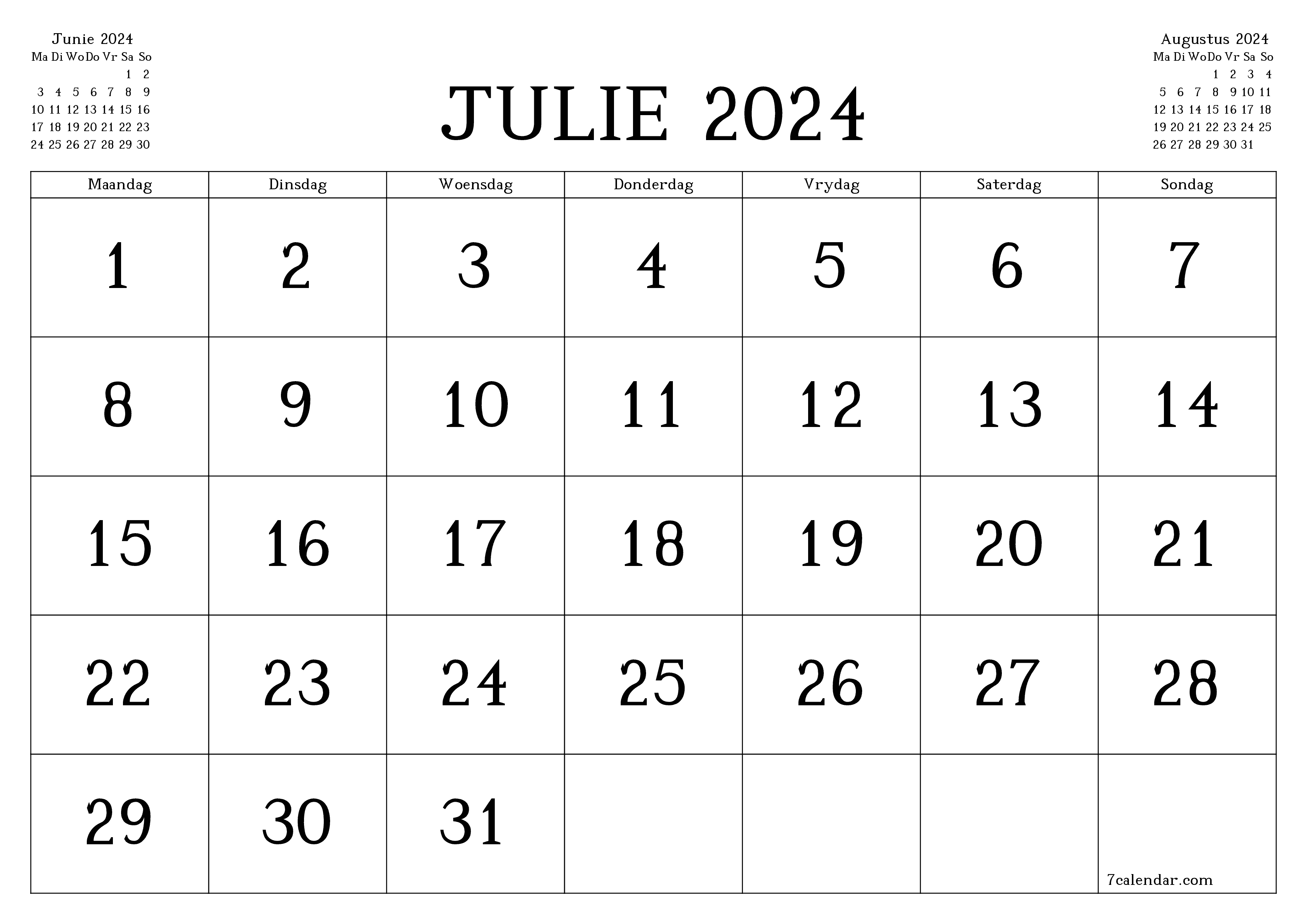 Leë maandelikse drukbare kalender en beplanner vir maand Julie 2024 met notas stoor en druk na PDF PNG Afrikaans