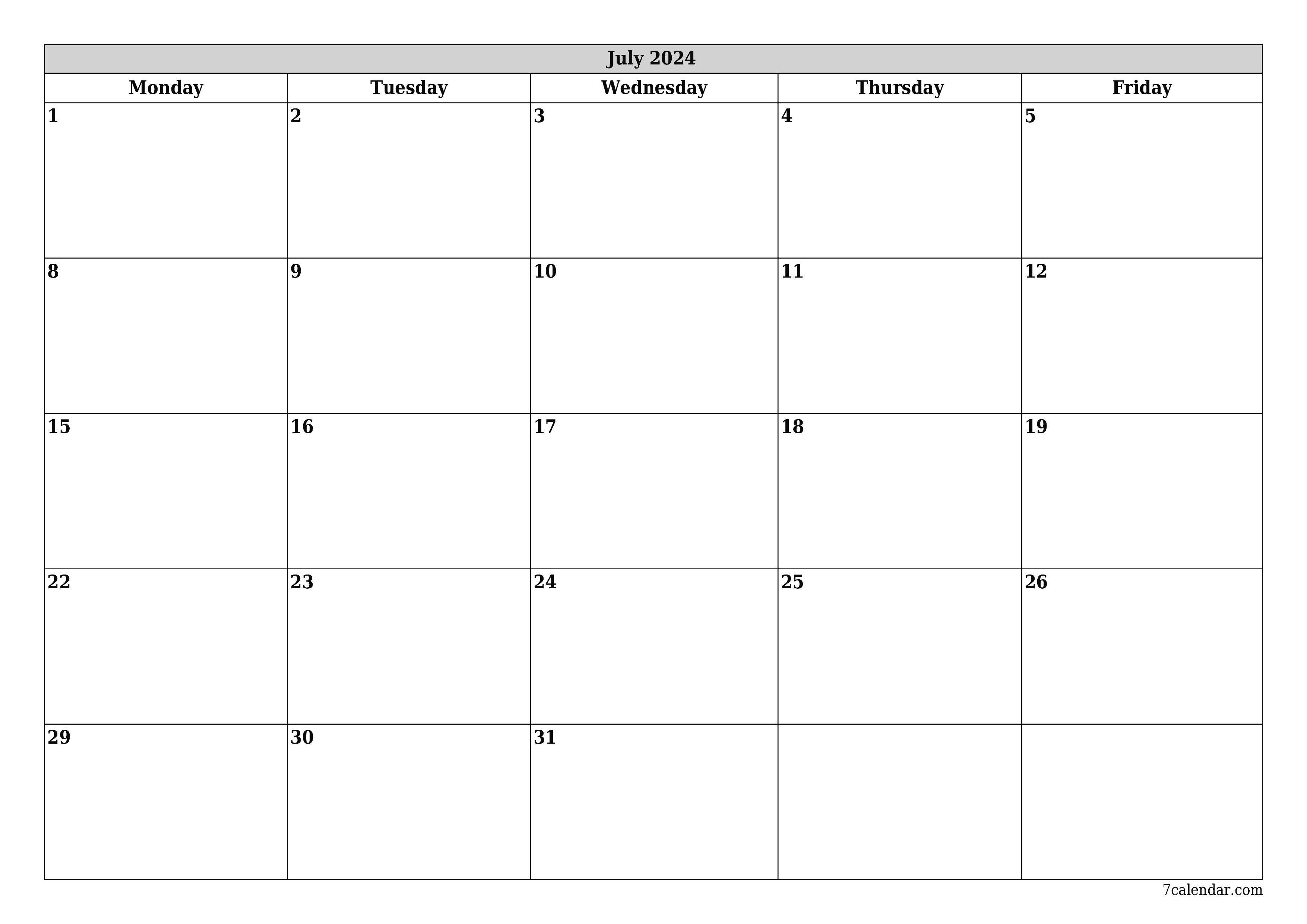 Blank monthly printable calendar and planner for month July 2024 with notes save and print to PDF PNG English