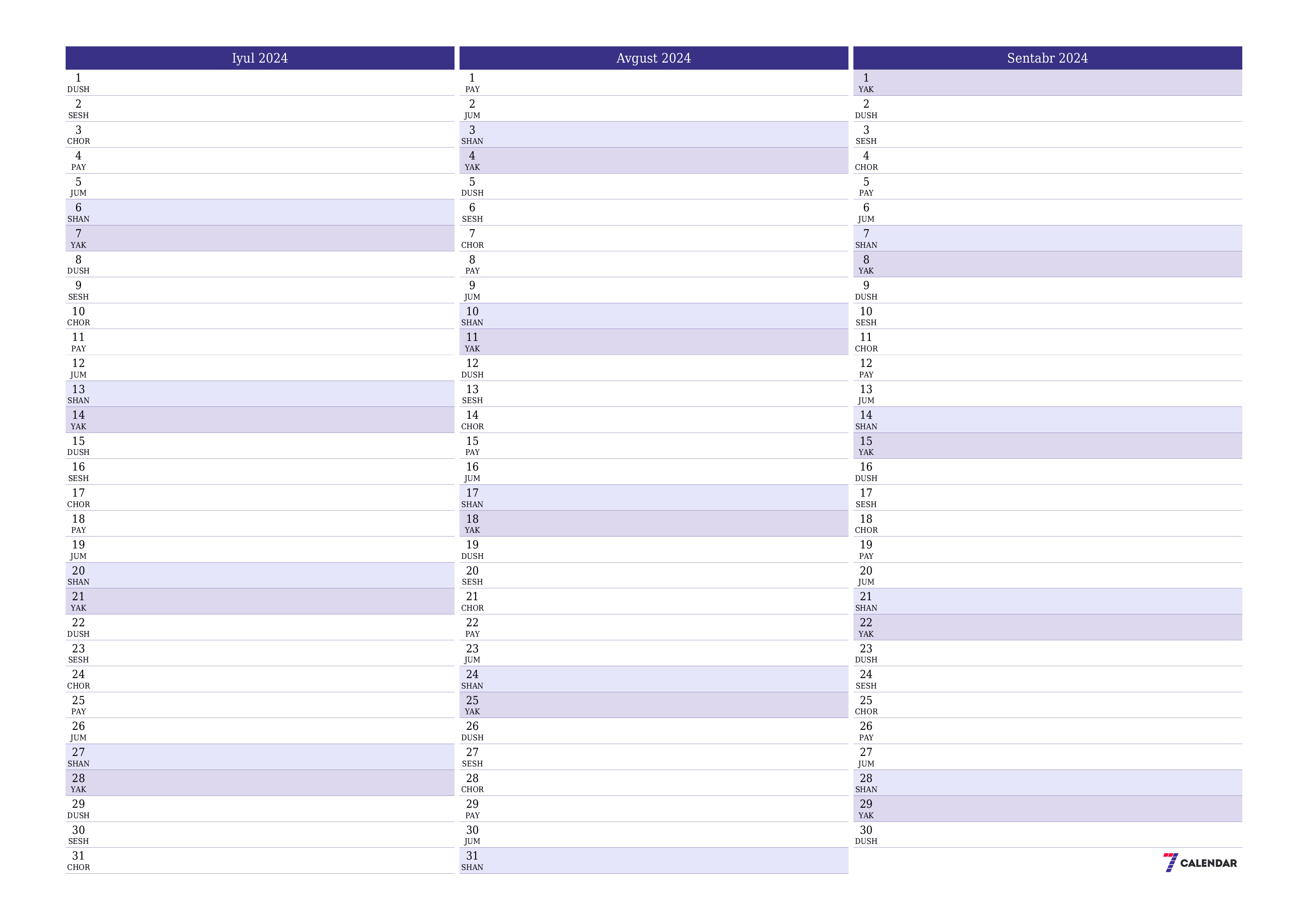 Iyul 2024 oylik oylik rejalashtiruvchini yozuvlar bilan bo'shatish, saqlash va PDF-ga chop etish PNG Uzbek