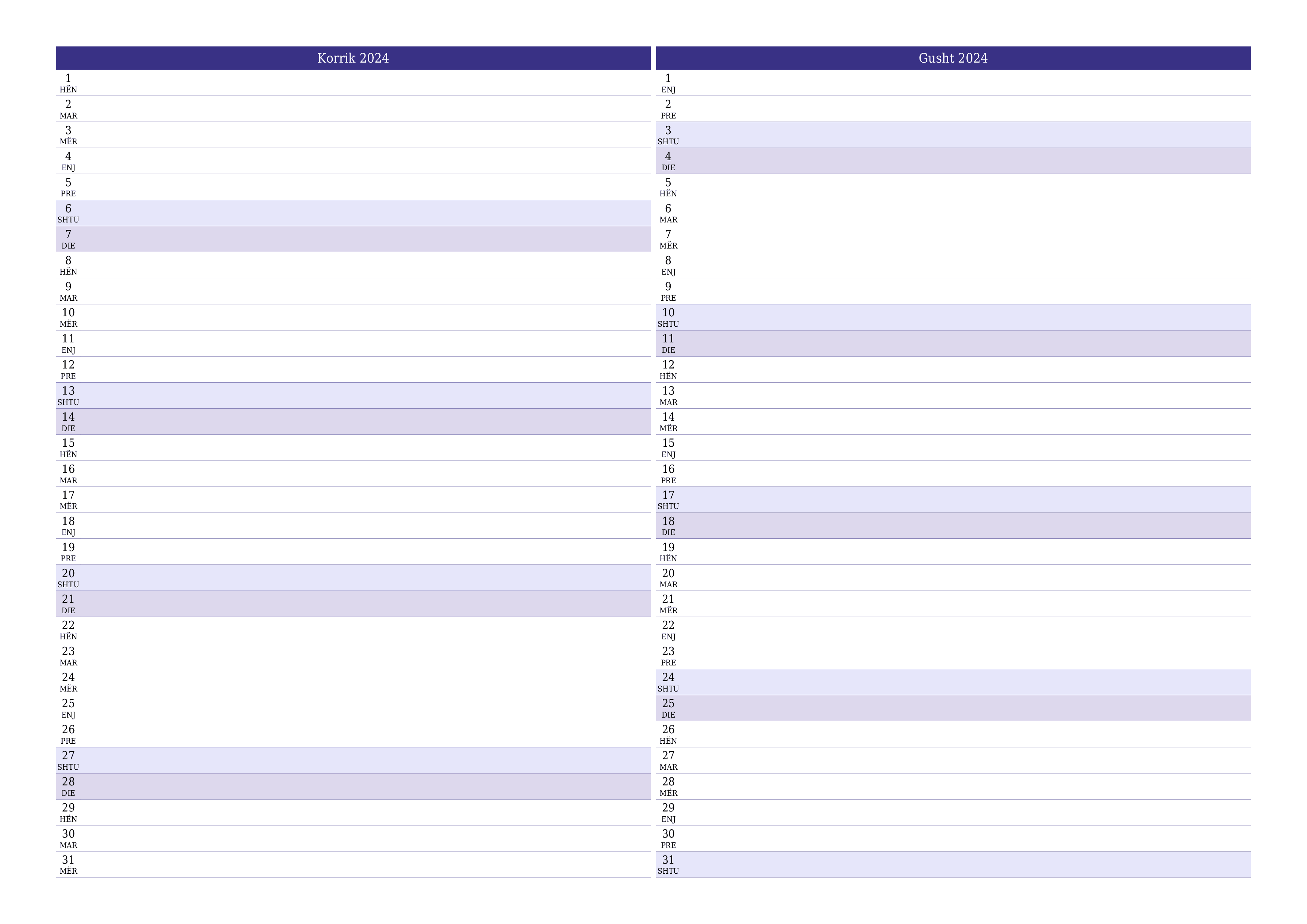 Planifikuesi i zbrazët i kalendarit mujor për muajin Korrik 2024 me shënime të ruajtura dhe të printuara në PDF PNG Albanian