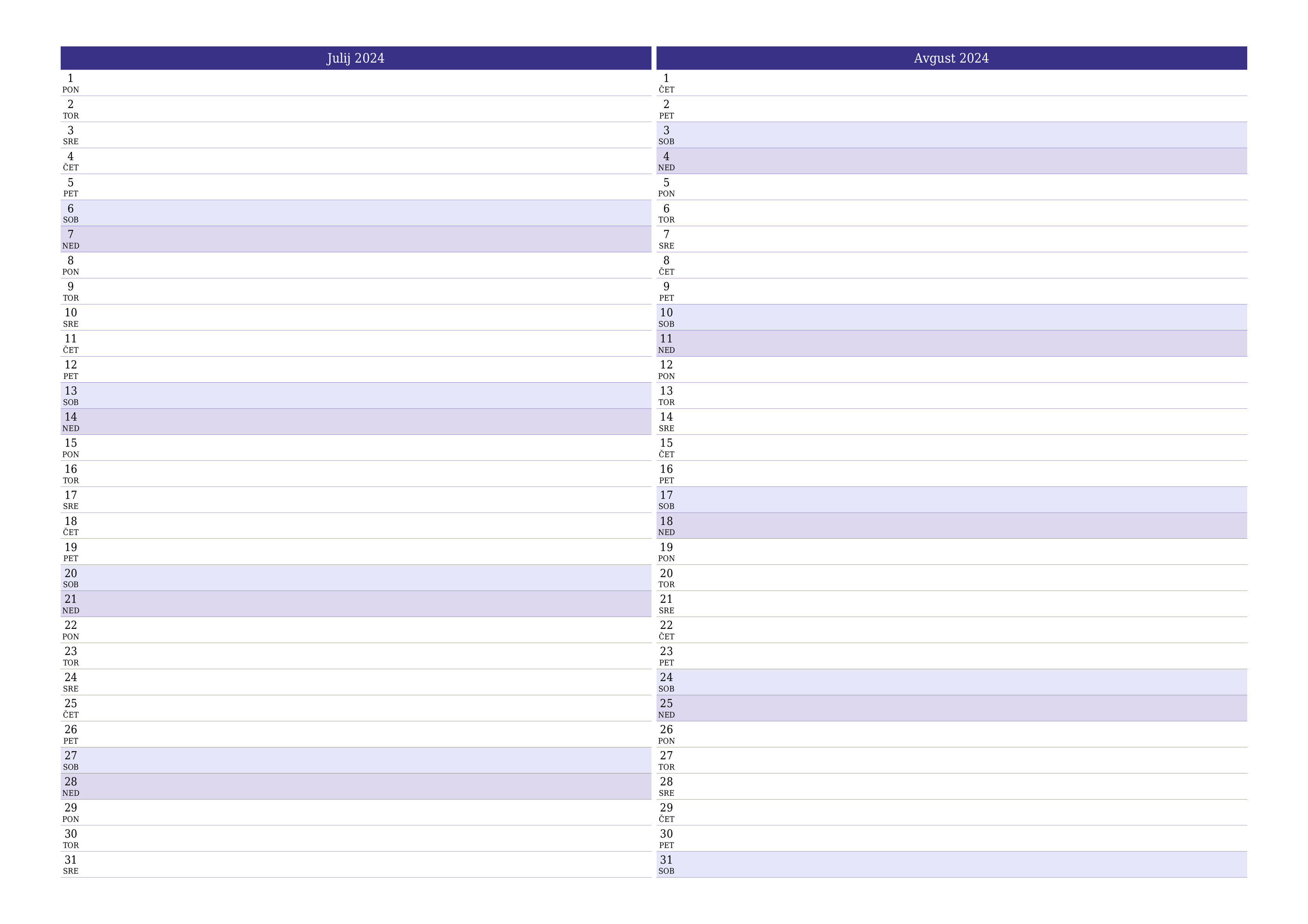 Prazen mesečni načrtovalec koledarja za mesec Julij 2024 z opombami, natisnjenimi v PDF PNG Slovenian