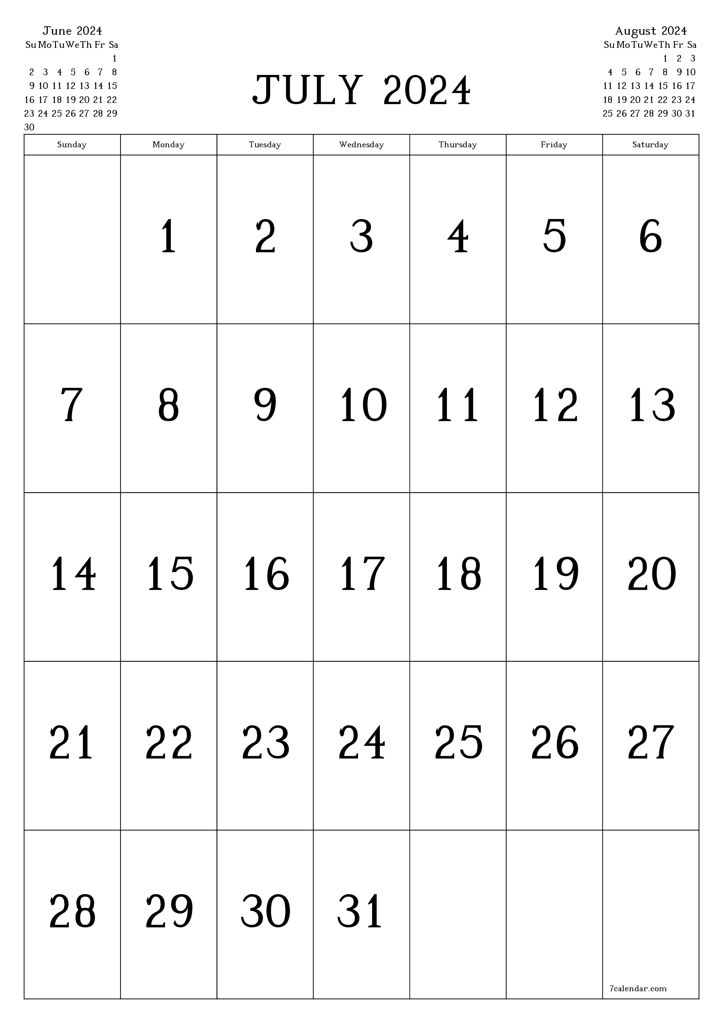 printable wall template free vertical Monthly calendar July (Jul) 2024