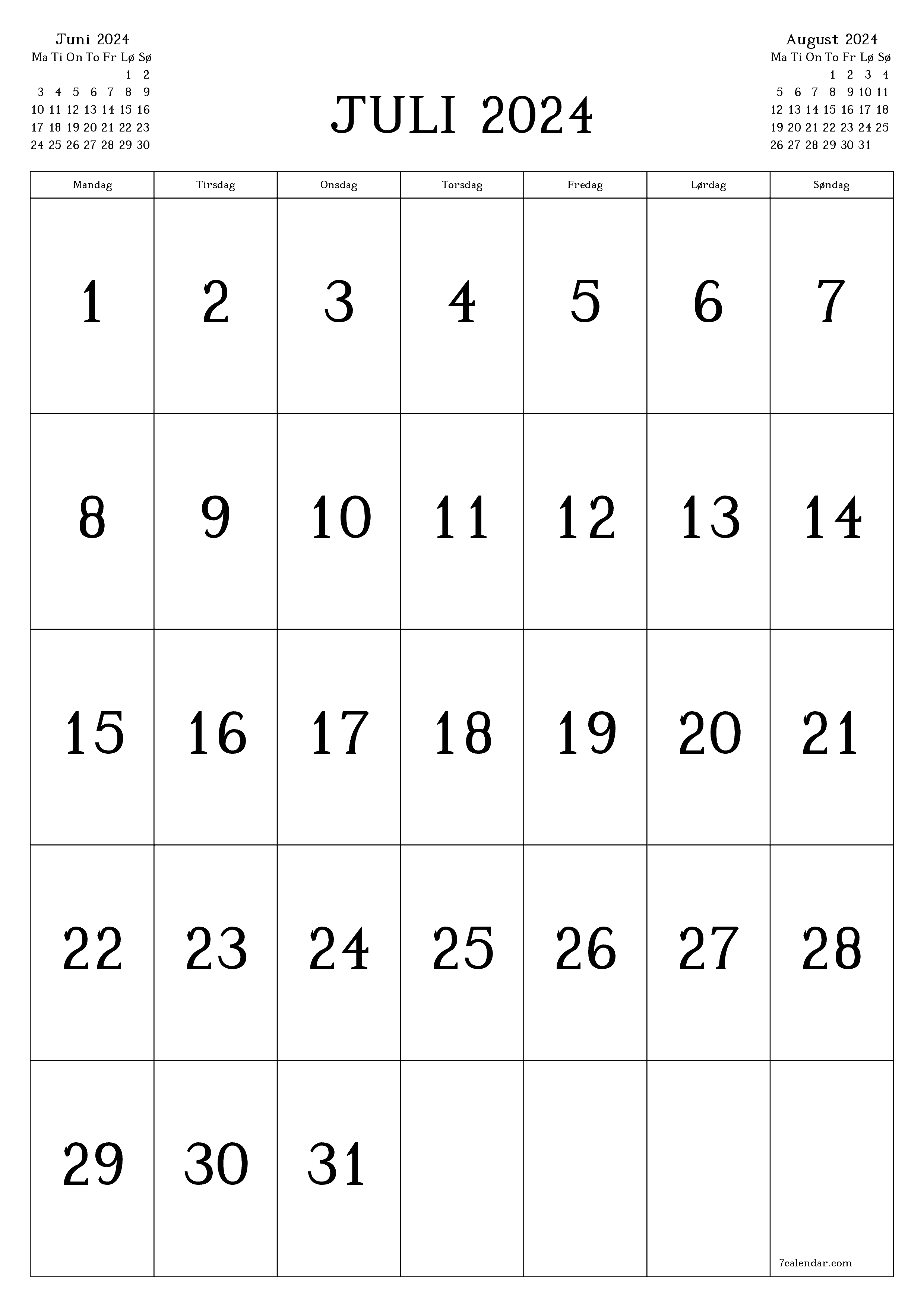 udskrivbar væg skabelon gratis lodret Månedlig kalender Juli (Jul) 2024