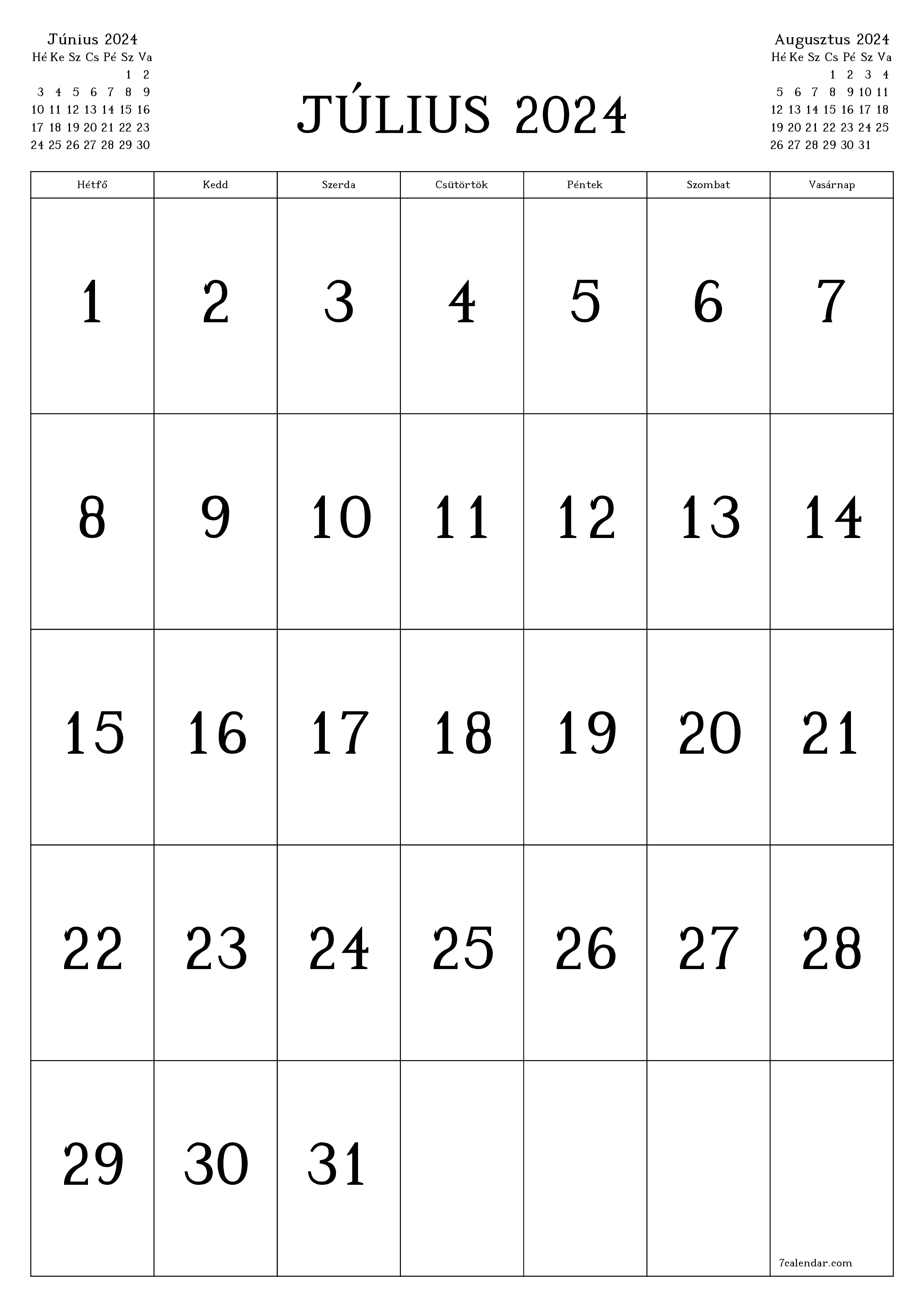nyomtatható fali sablon ingyenes függőleges Havi naptár Július (Júl) 2024