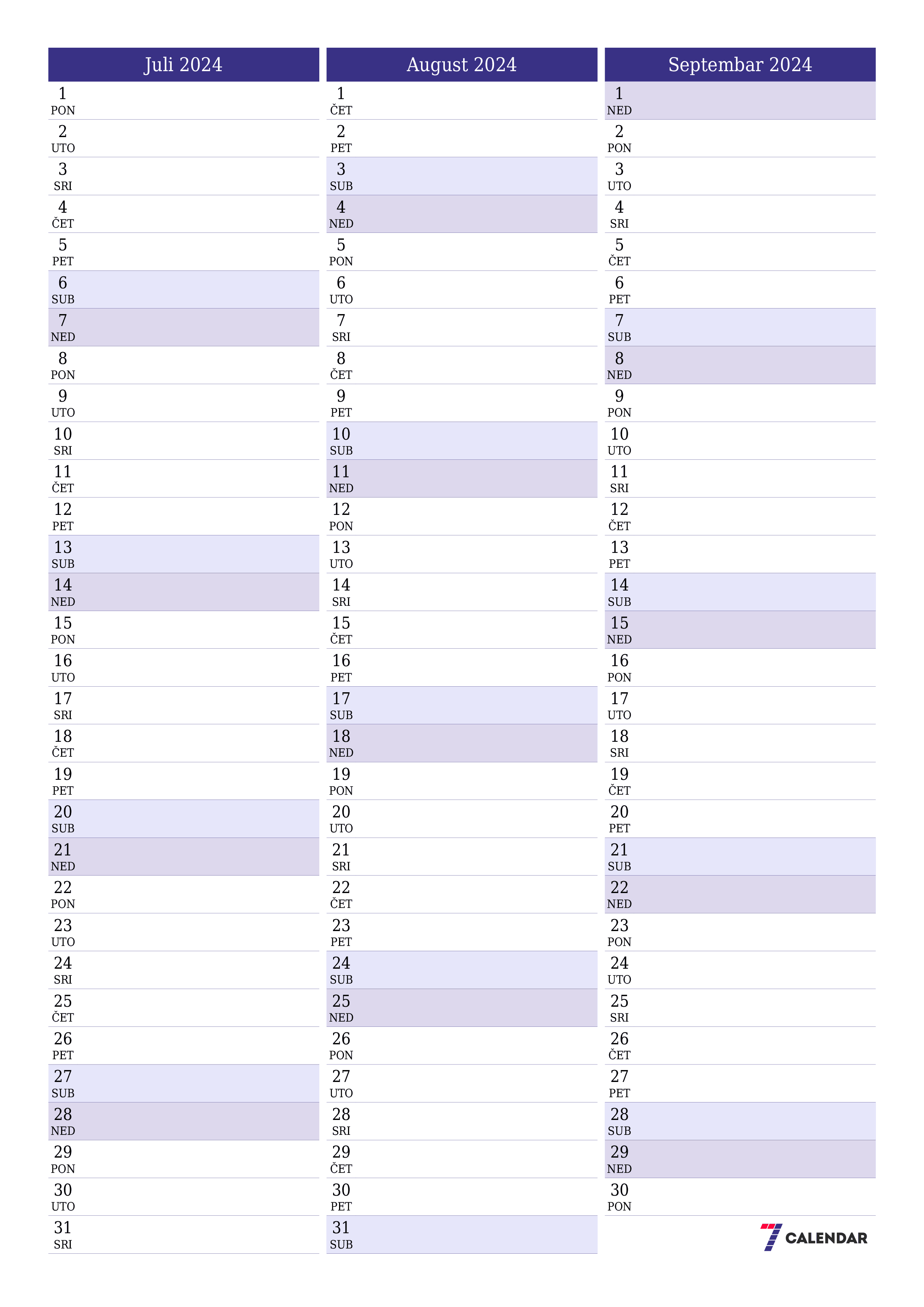 Ispraznite mjesečni planer za mjesec Juli 2024 s bilješkama, spremite i ispišite u PDF PNG Bosnian