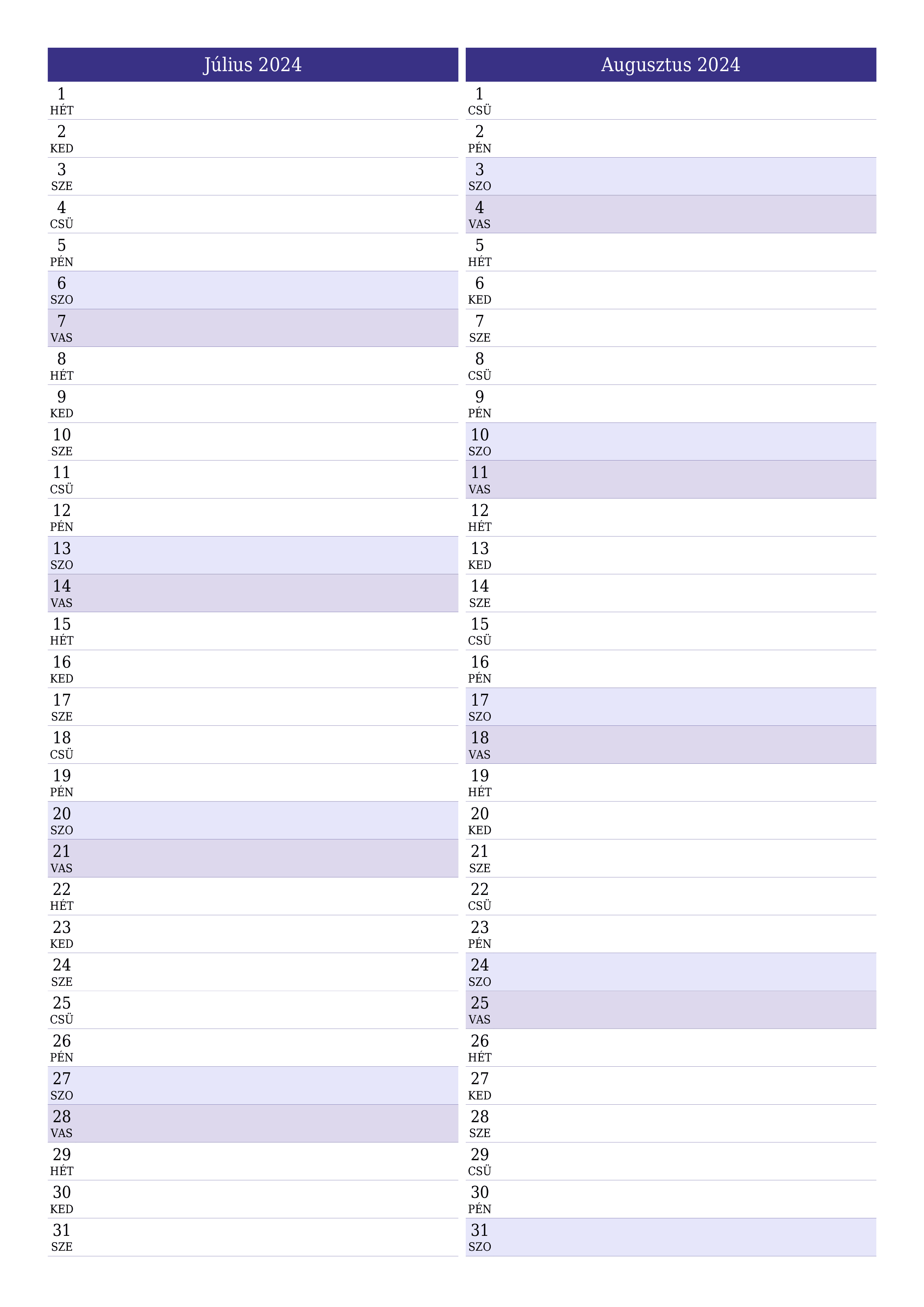 Üres havi tervező a Július 2024 hónapra jegyzetekkel, mentés és nyomtatás PDF-be PNG Hungarian