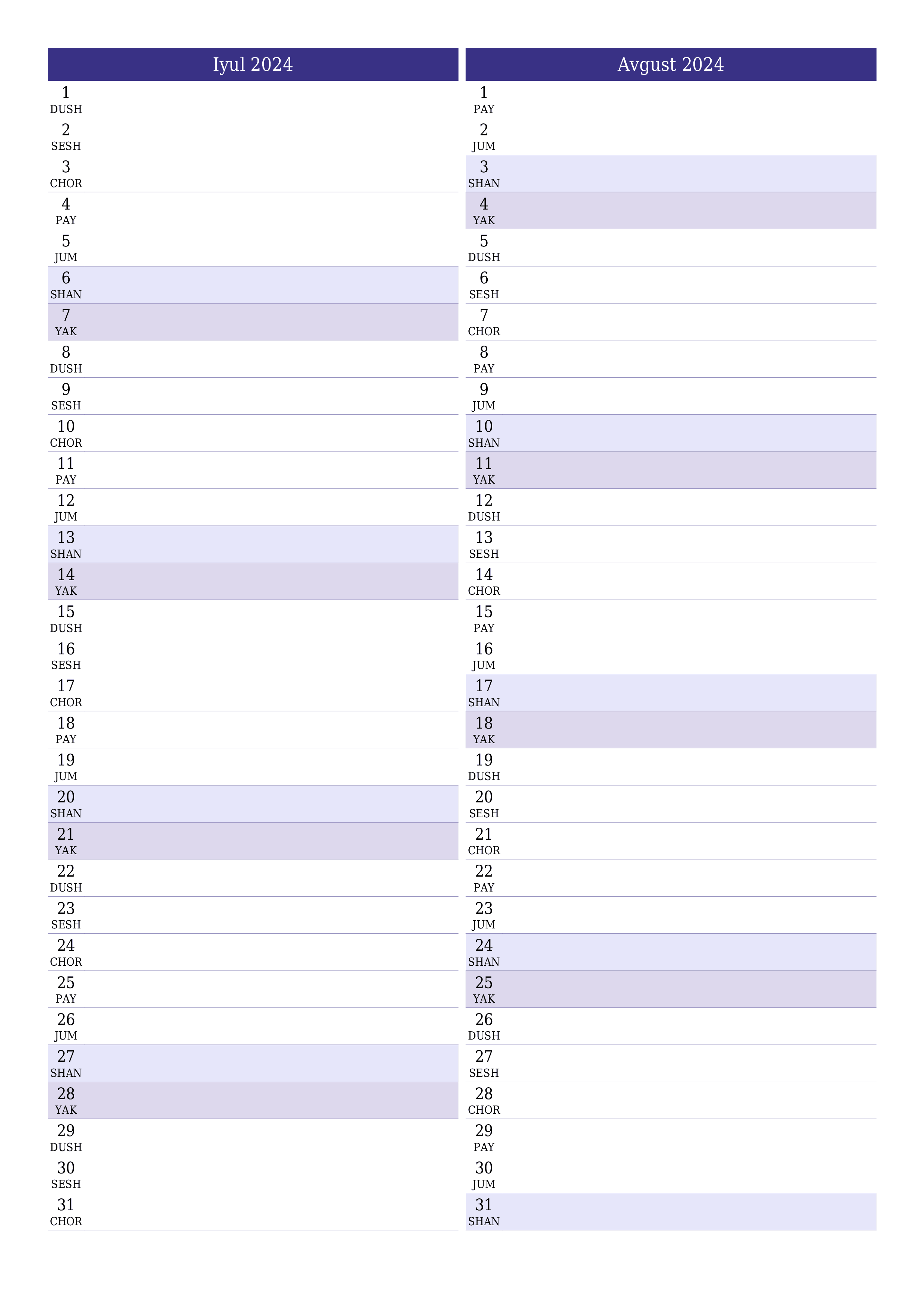 Iyul 2024 oylik oylik rejalashtiruvchini yozuvlar bilan bo'shatish, saqlash va PDF-ga chop etish PNG Uzbek