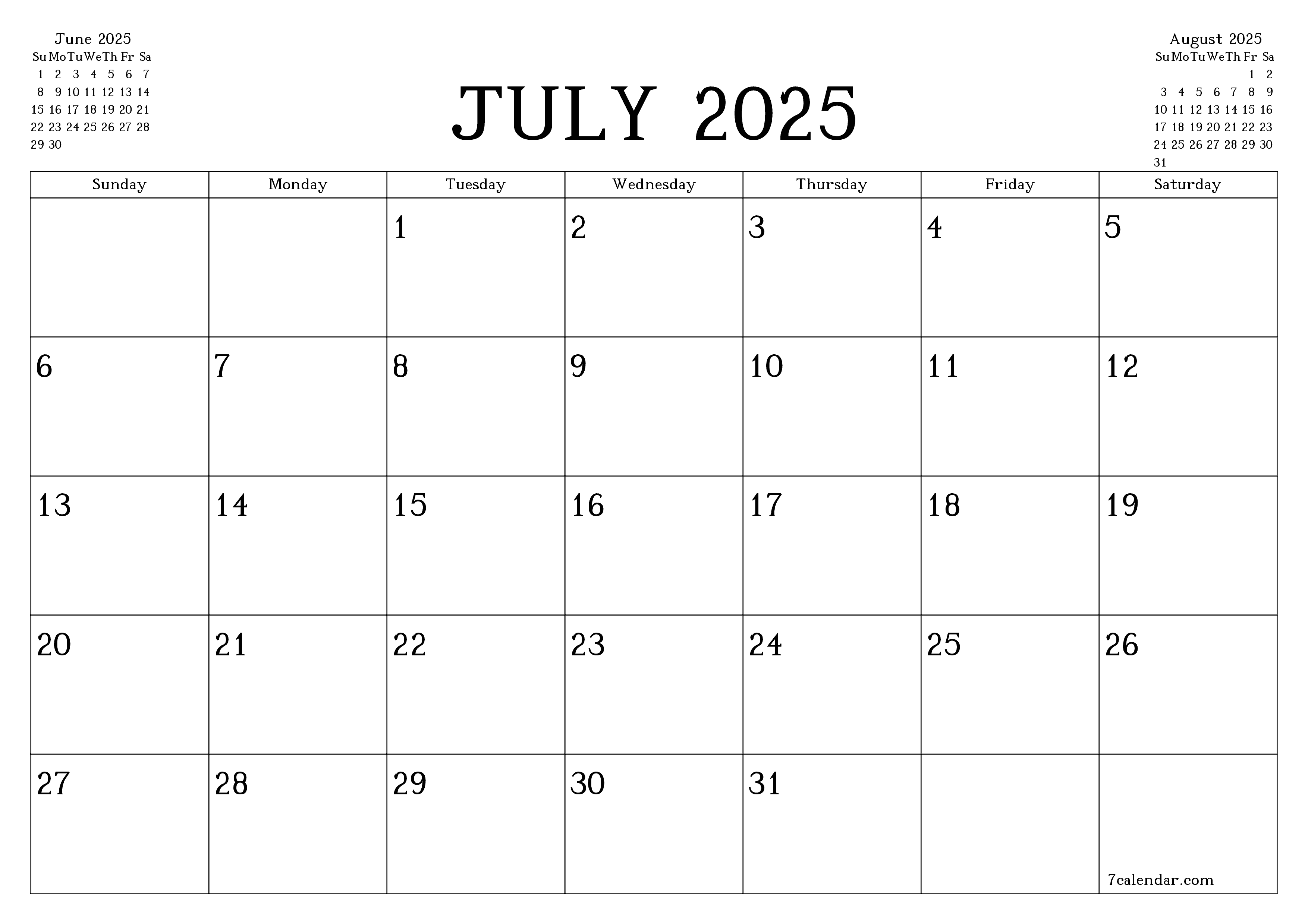 Blank monthly printable calendar and planner for month July 2025 with notes save and print to PDF PNG English