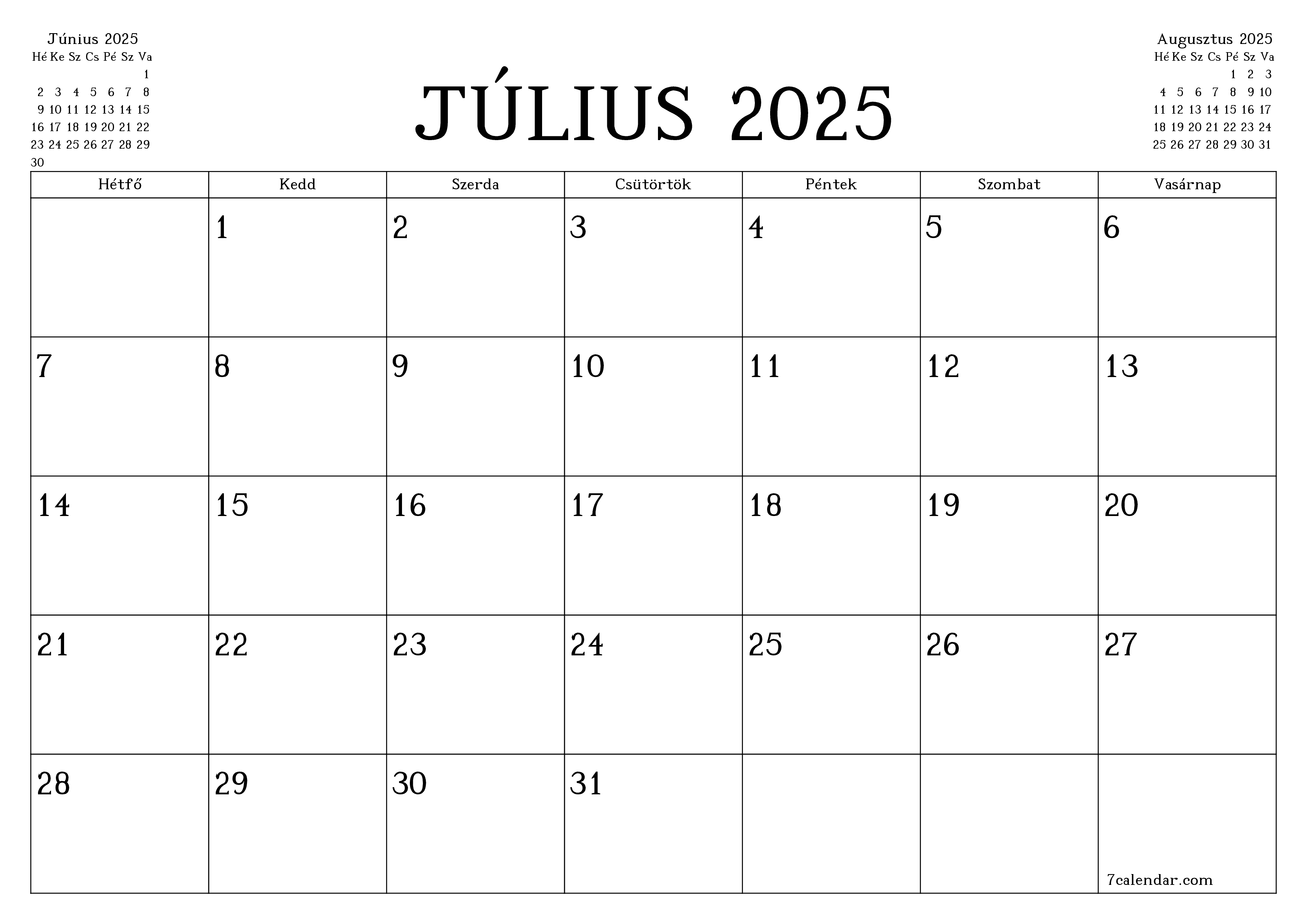 nyomtatható fali sablon ingyenes vízszintes Havi tervező naptár Július (Júl) 2025