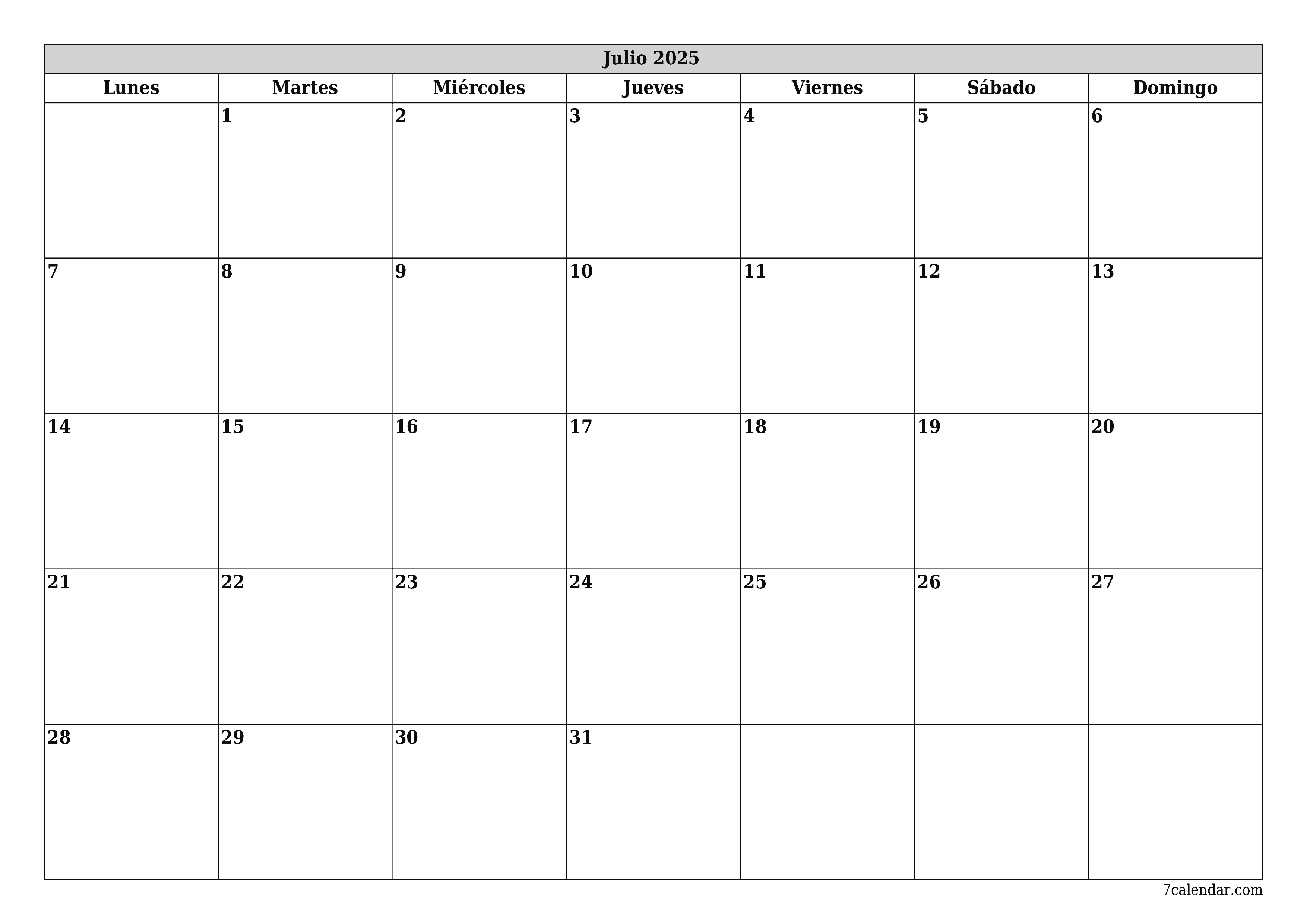 Planificador mensual vacío para el mes Julio 2025 con notas, guardar e imprimir en PDF PNG Spanish
