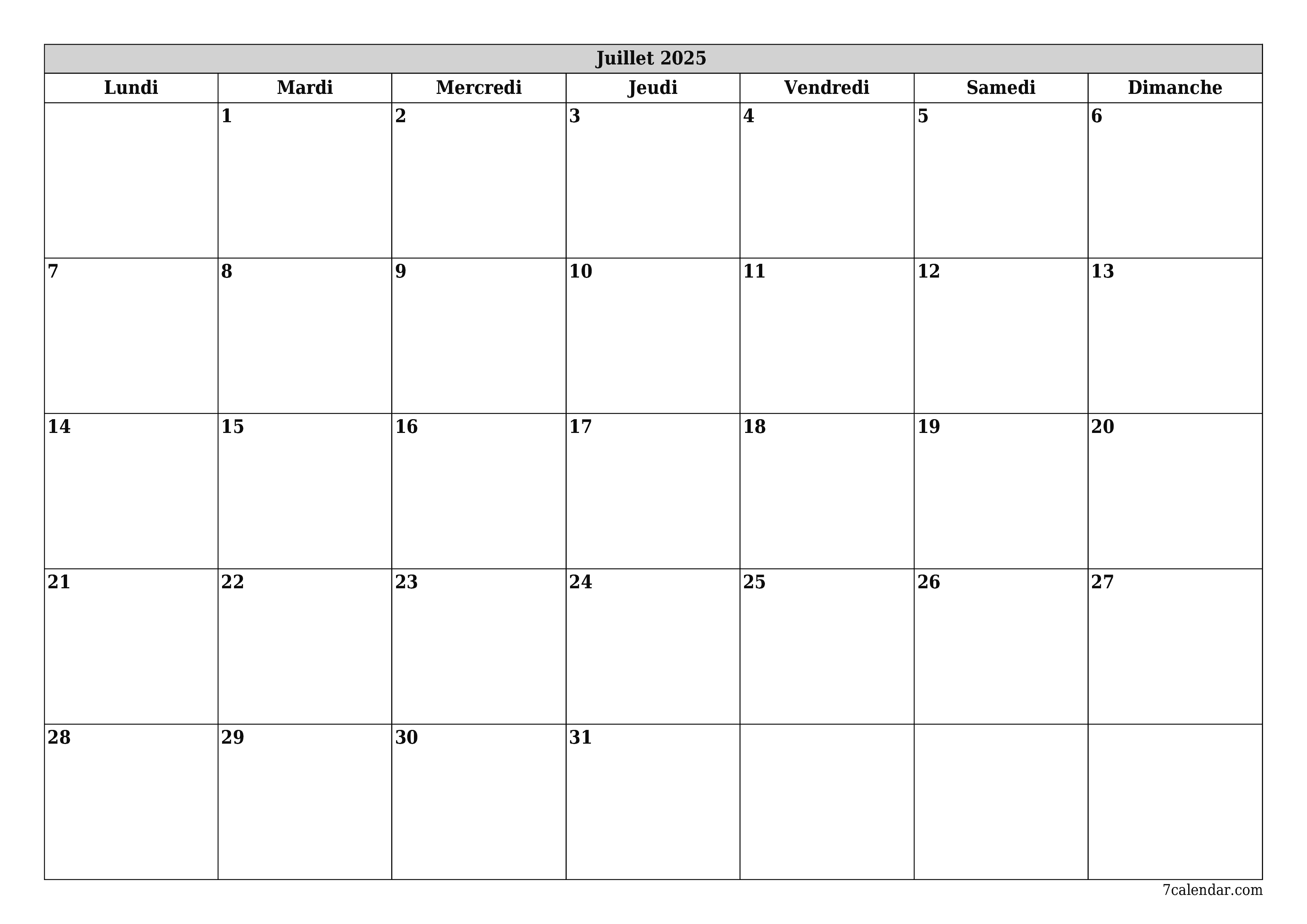 Agenda mensuel vide pour le mois Juillet 2025 avec notes, enregistrez et imprimez au format PDF PNG French