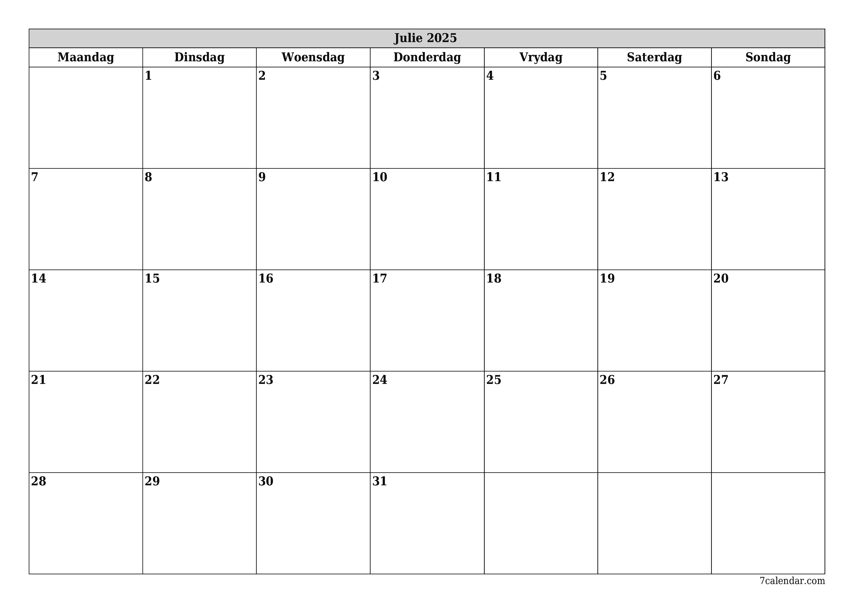 Leë maandelikse drukbare kalender en beplanner vir maand Julie 2025 met notas stoor en druk na PDF PNG Afrikaans