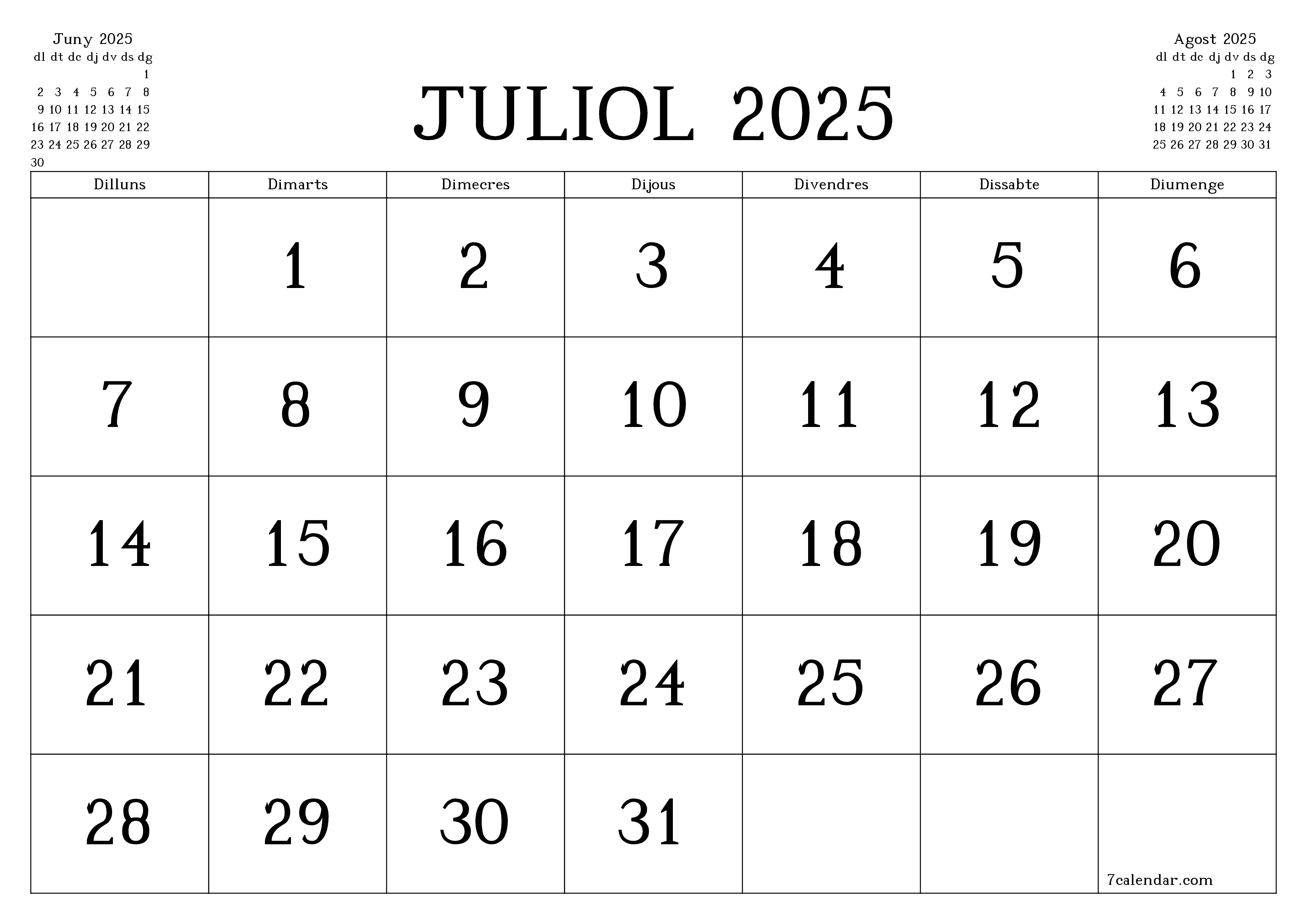 Planificador mensual buit del mes Juliol 2025 amb notes, deseu-lo i imprimiu-lo en format PDF PNG Catalan