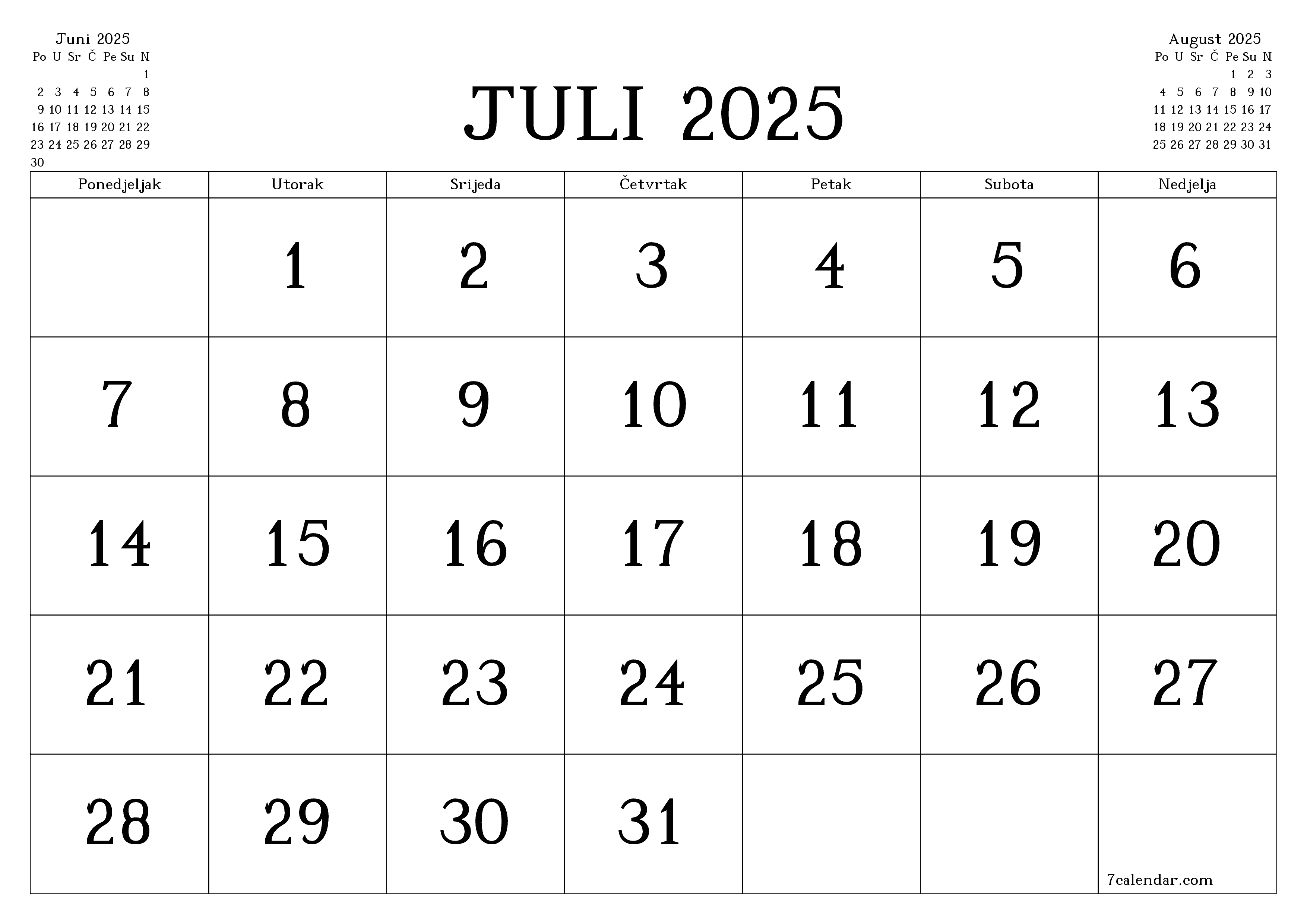 Ispraznite mjesečni planer za mjesec Juli 2025 s bilješkama, spremite i ispišite u PDF PNG Bosnian