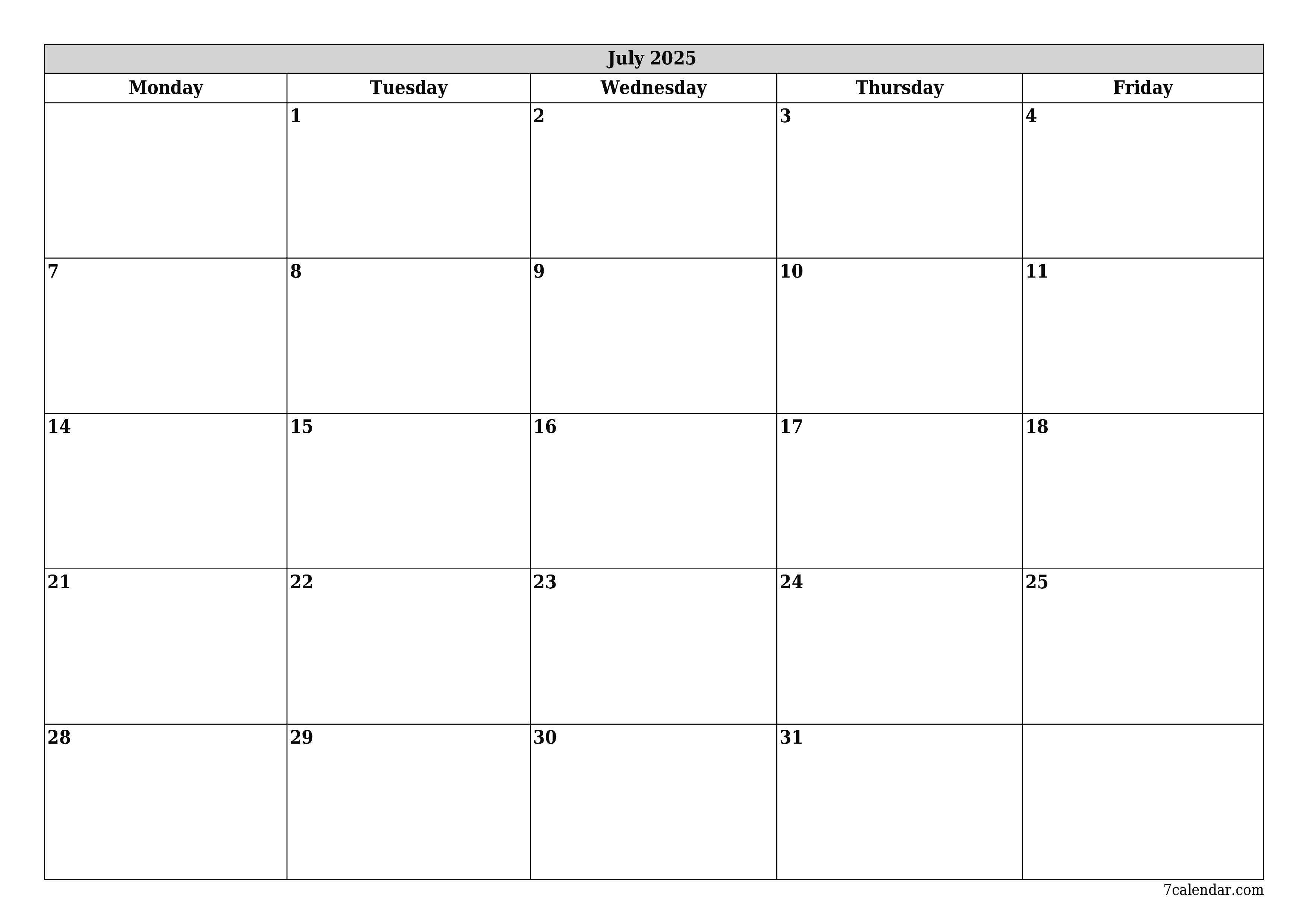 Blank monthly printable calendar and planner for month July 2025 with notes save and print to PDF PNG English