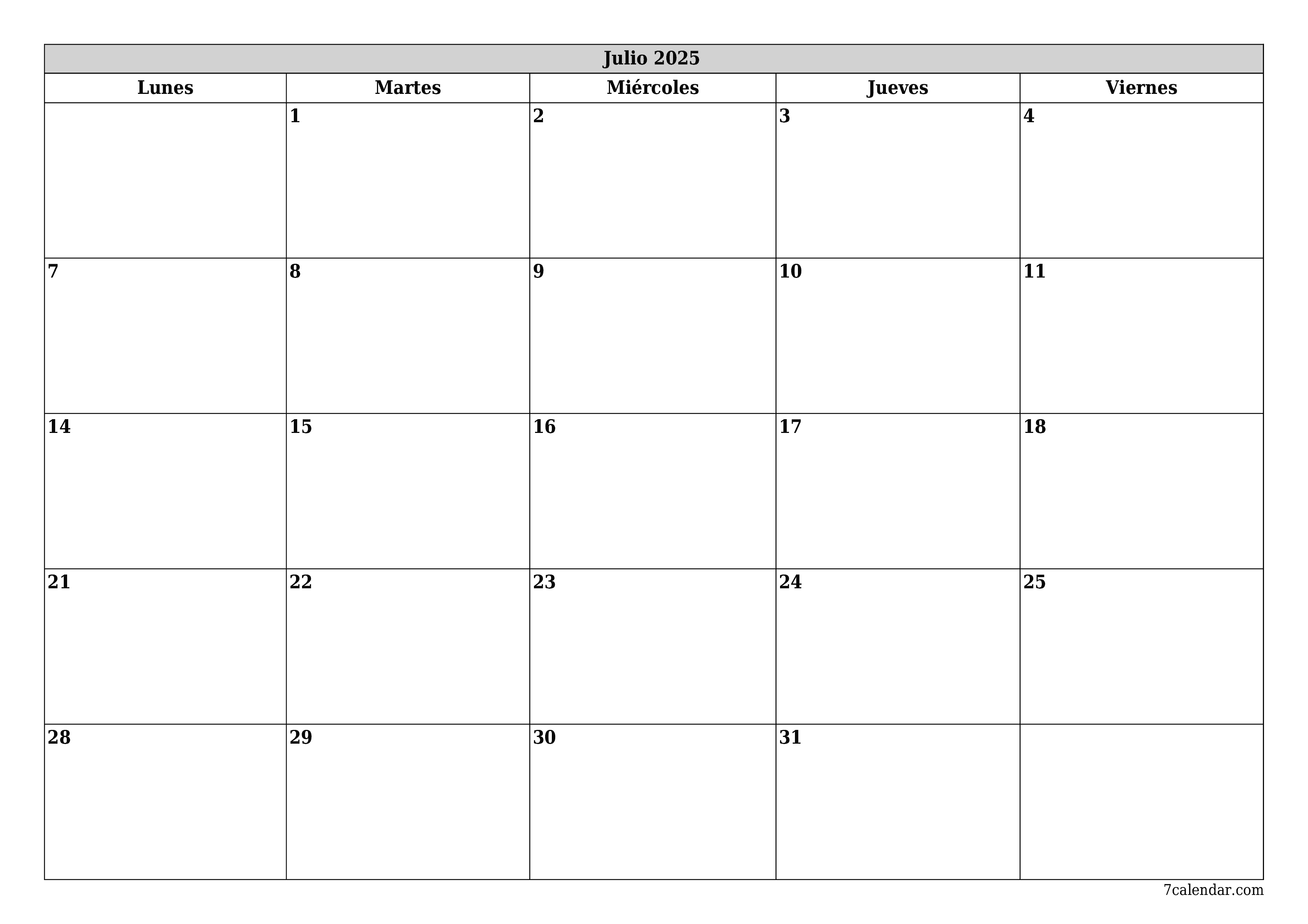 Planificador mensual vacío para el mes Julio 2025 con notas, guardar e imprimir en PDF PNG Spanish