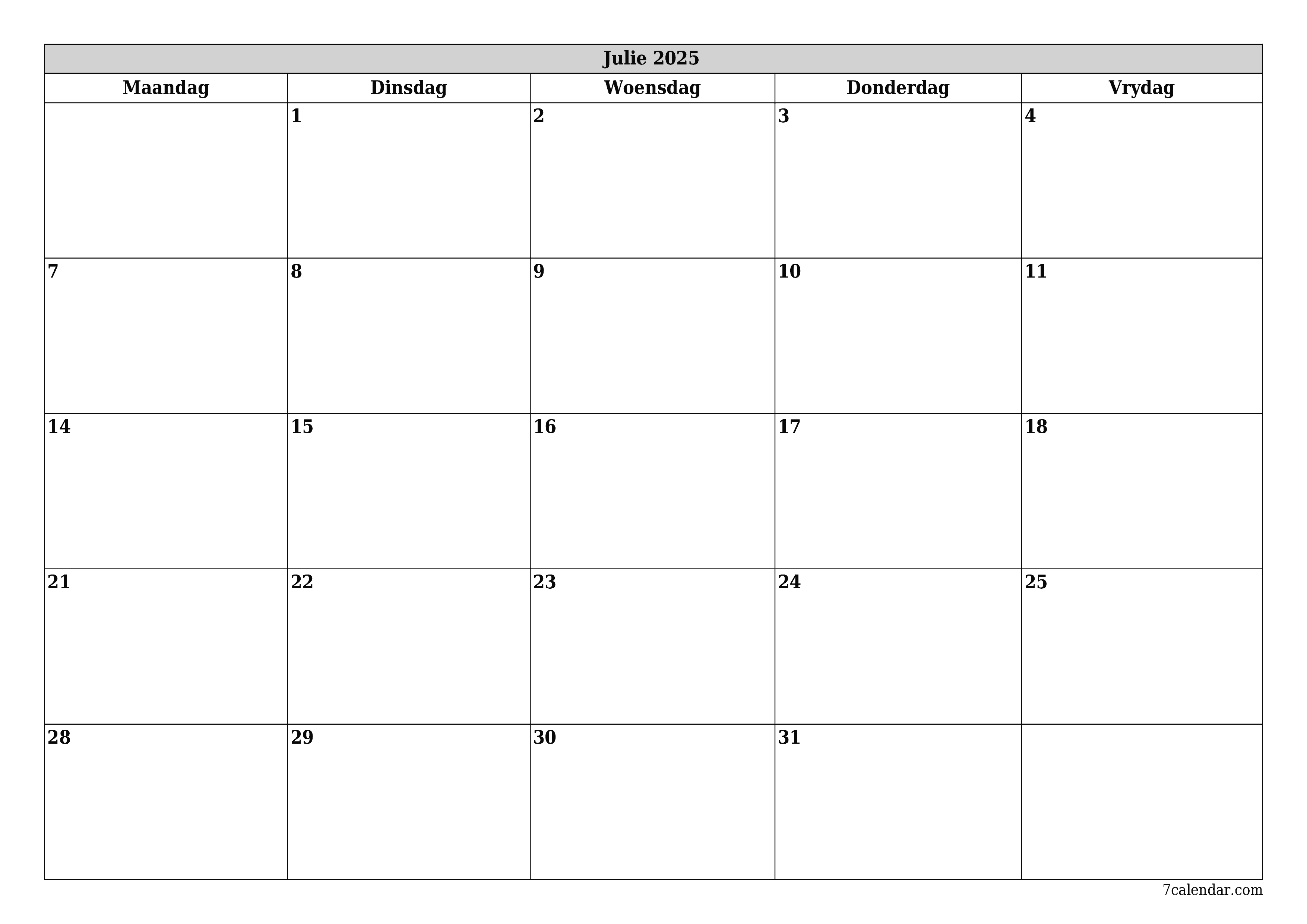 Leë maandelikse drukbare kalender en beplanner vir maand Julie 2025 met notas stoor en druk na PDF PNG Afrikaans