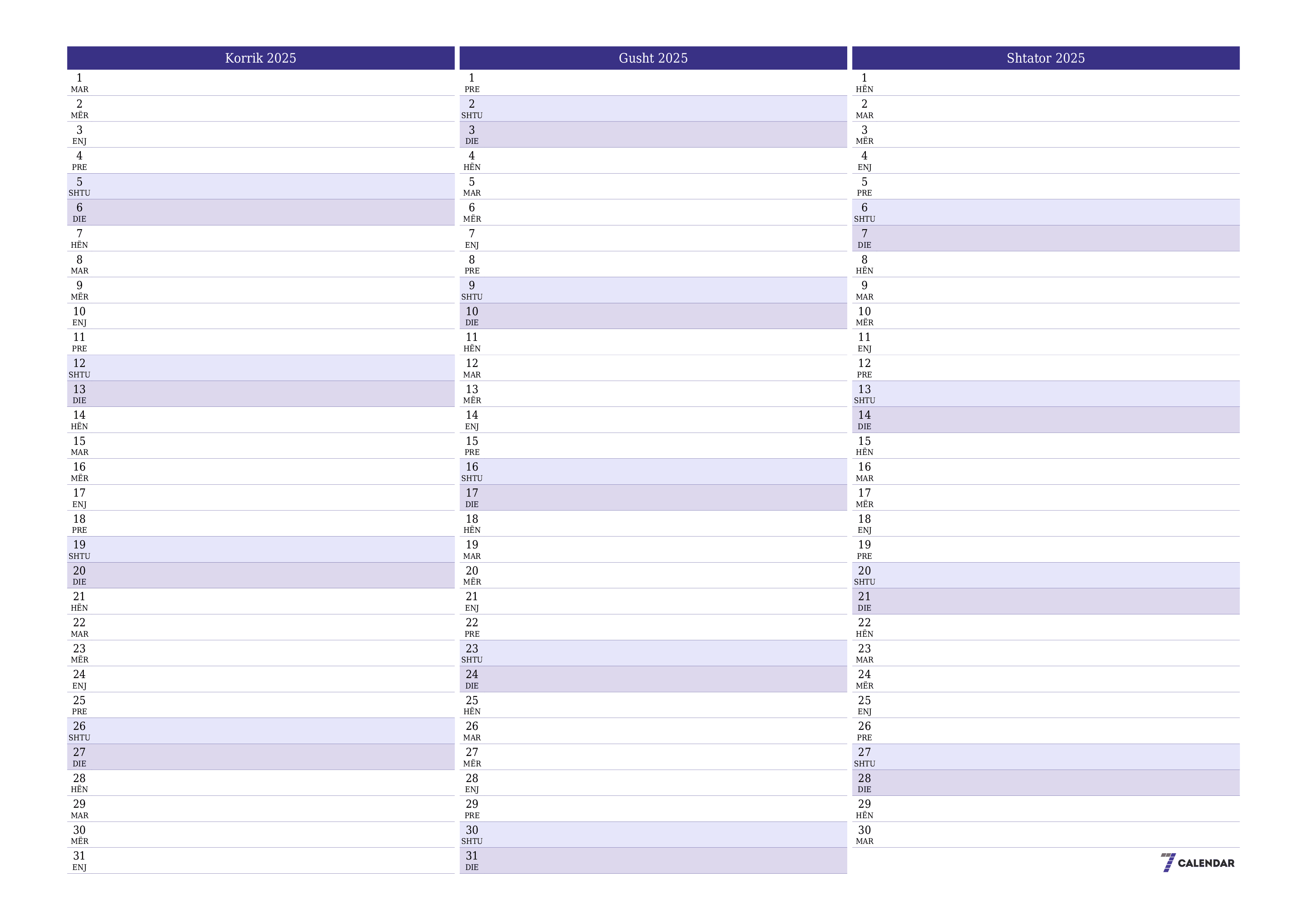 Planifikuesi i zbrazët i kalendarit mujor për muajin Korrik 2025 me shënime të ruajtura dhe të printuara në PDF PNG Albanian