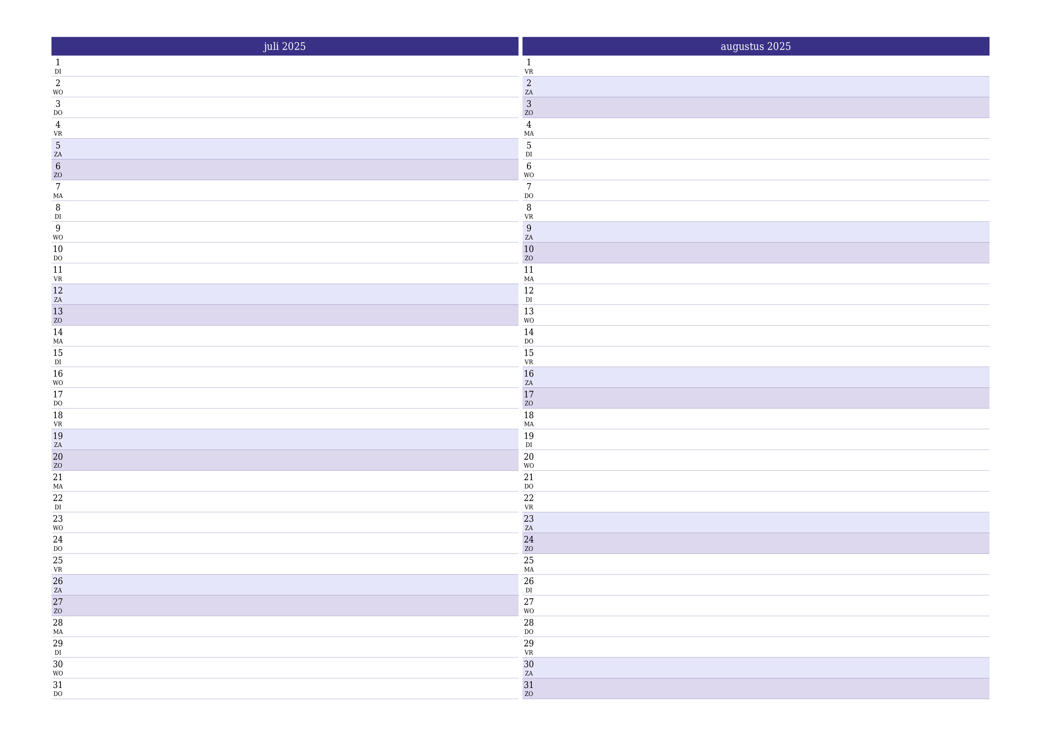 Lege maandplanner voor maand juli 2025 met notities, opslaan en afdrukken naar pdf PNG Dutch
