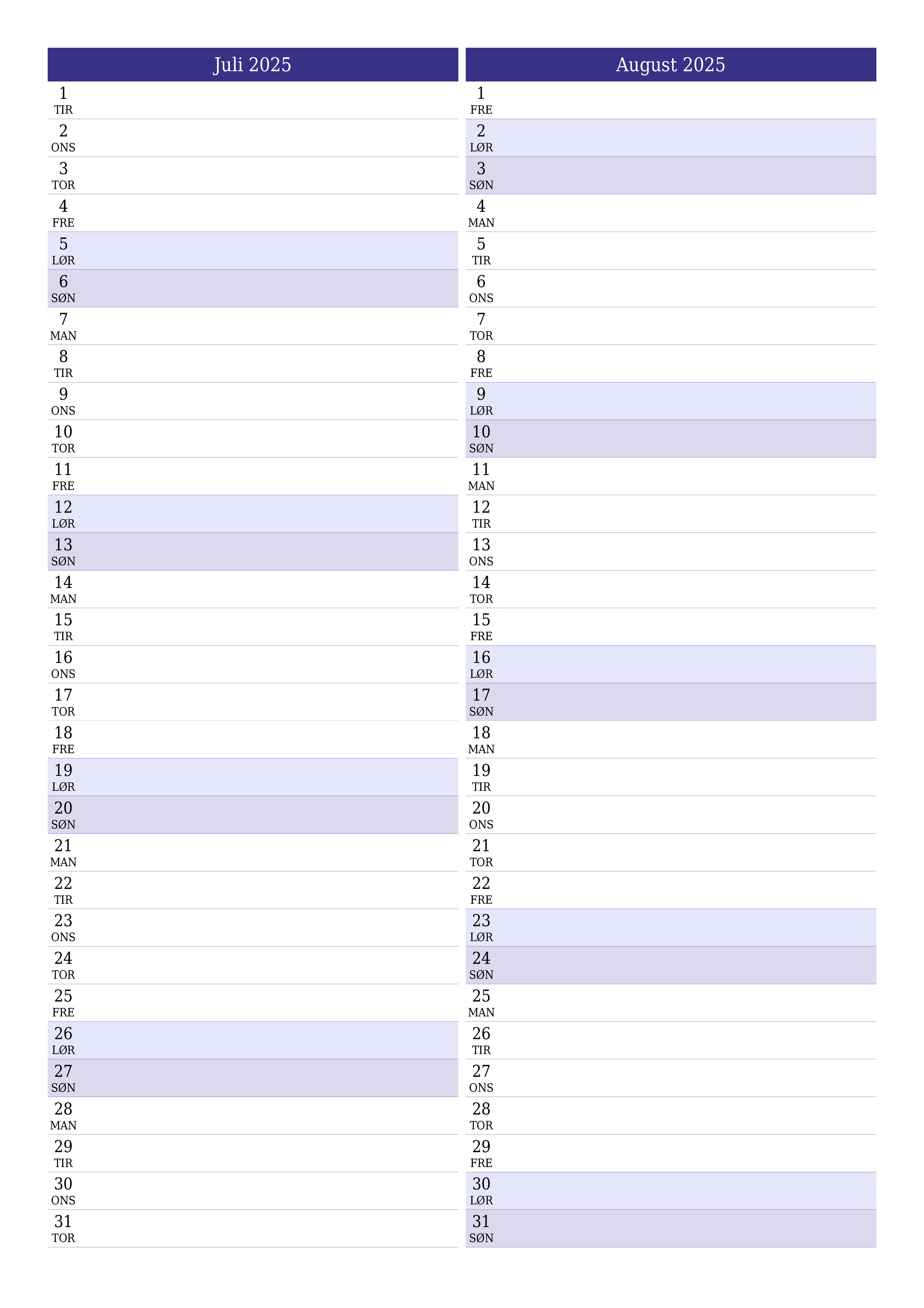 Tom månedlig planlægning for måned Juli 2025 med noter, gem og udskriv til PDF PNG Danish