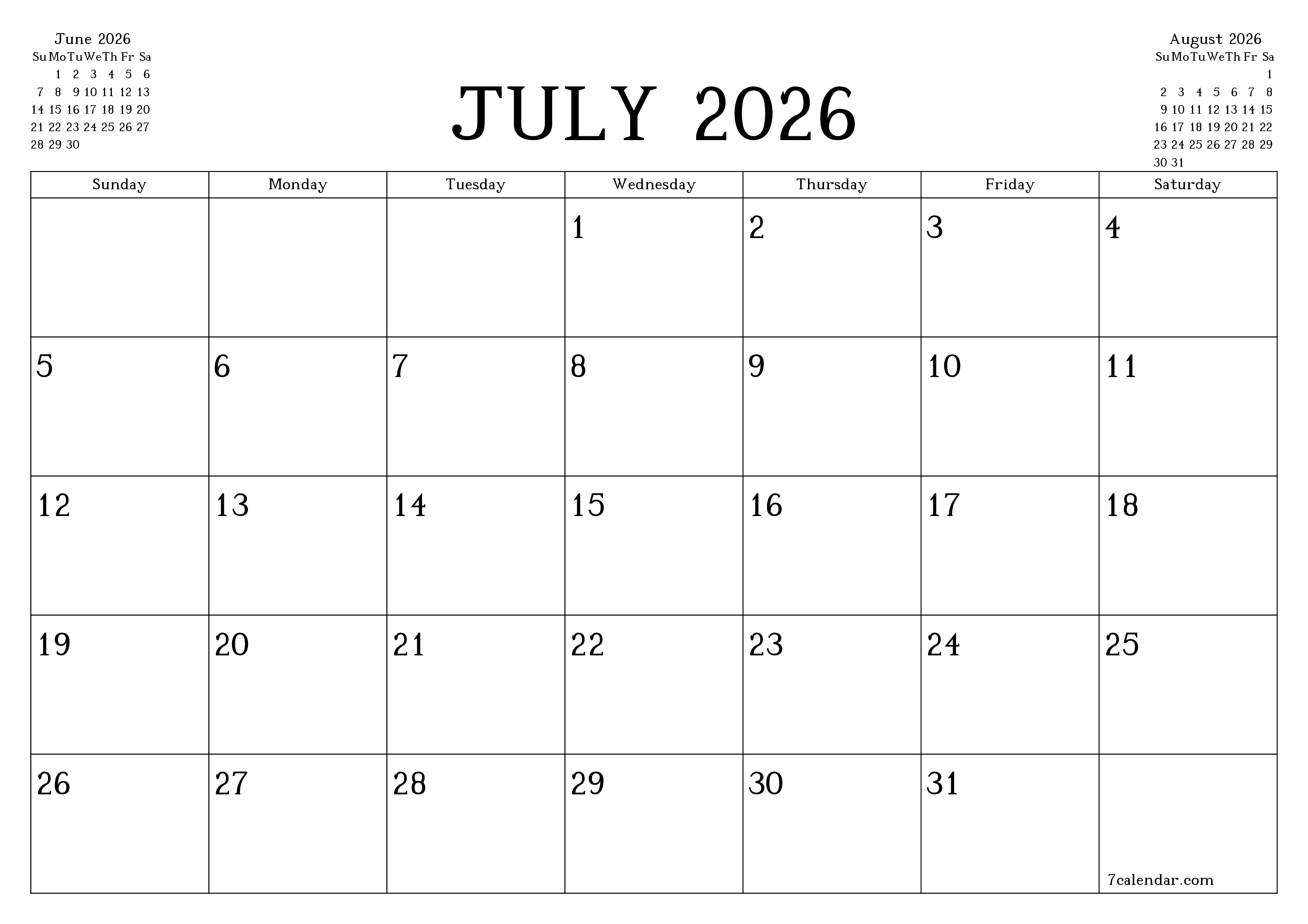 Blank monthly printable calendar and planner for month July 2026 with notes save and print to PDF PNG English