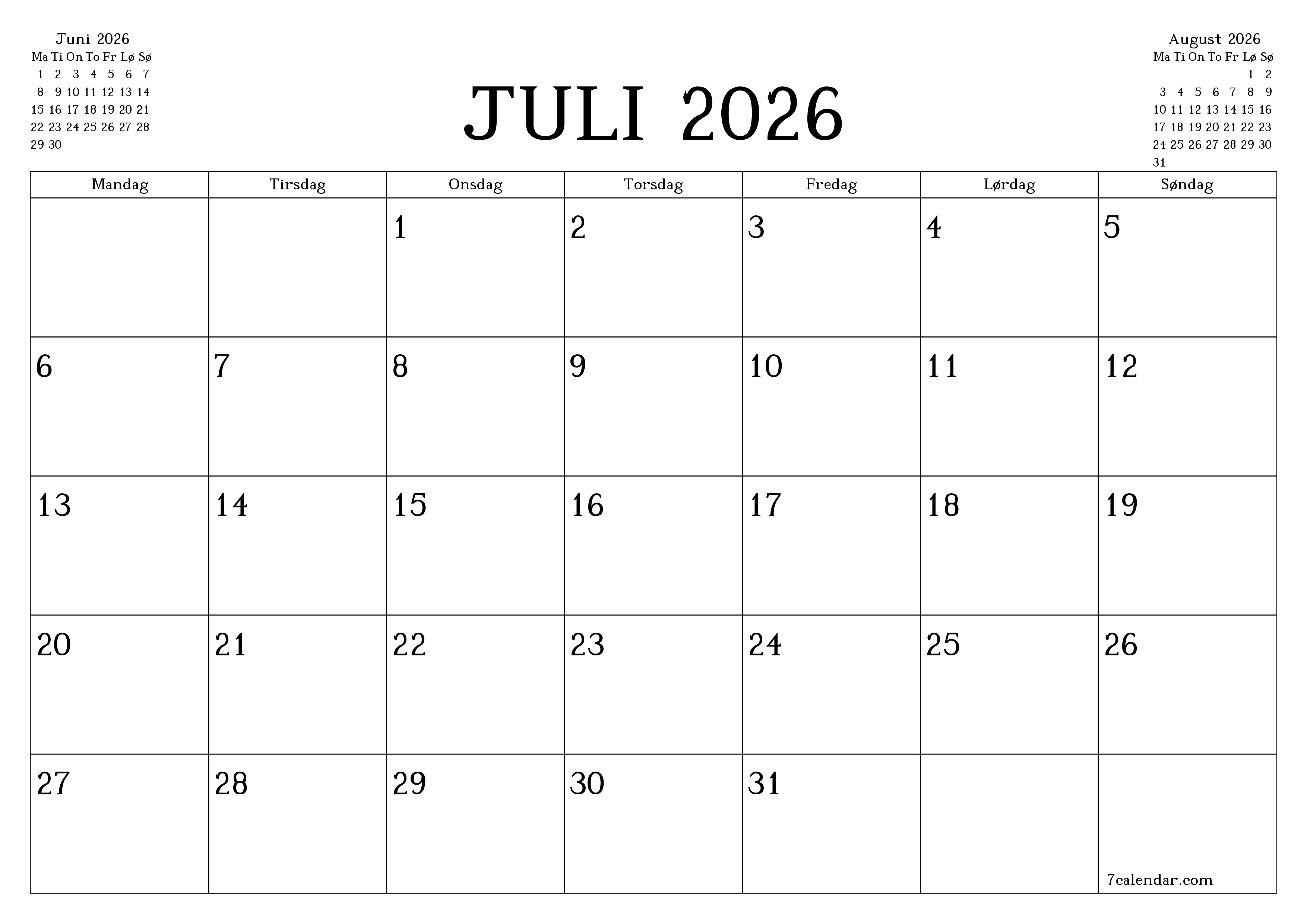 Tom månedlig planlægning for måned Juli 2026 med noter, gem og udskriv til PDF PNG Danish