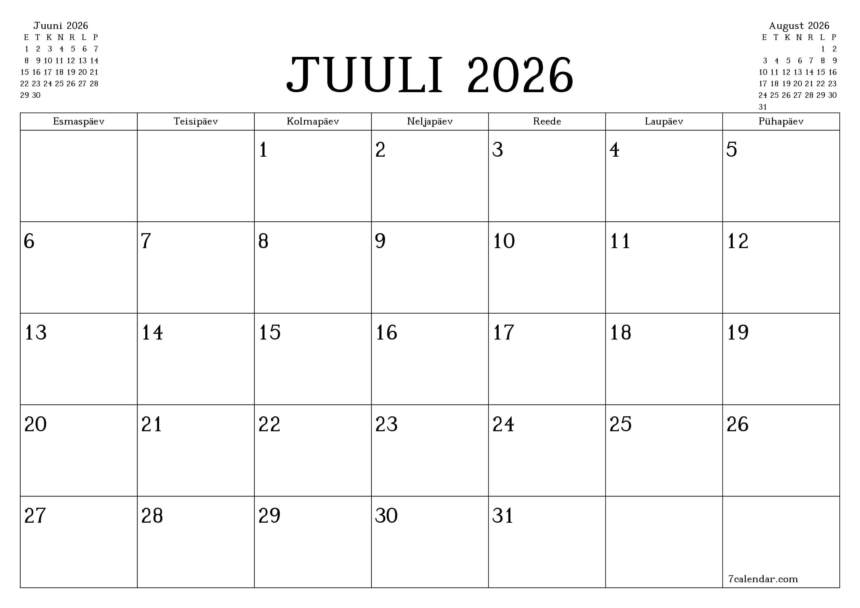 Tühjendage kuu Juuli 2026 kuuplaneerija märkmetega, salvestage ja printige PDF-i PNG Estonian