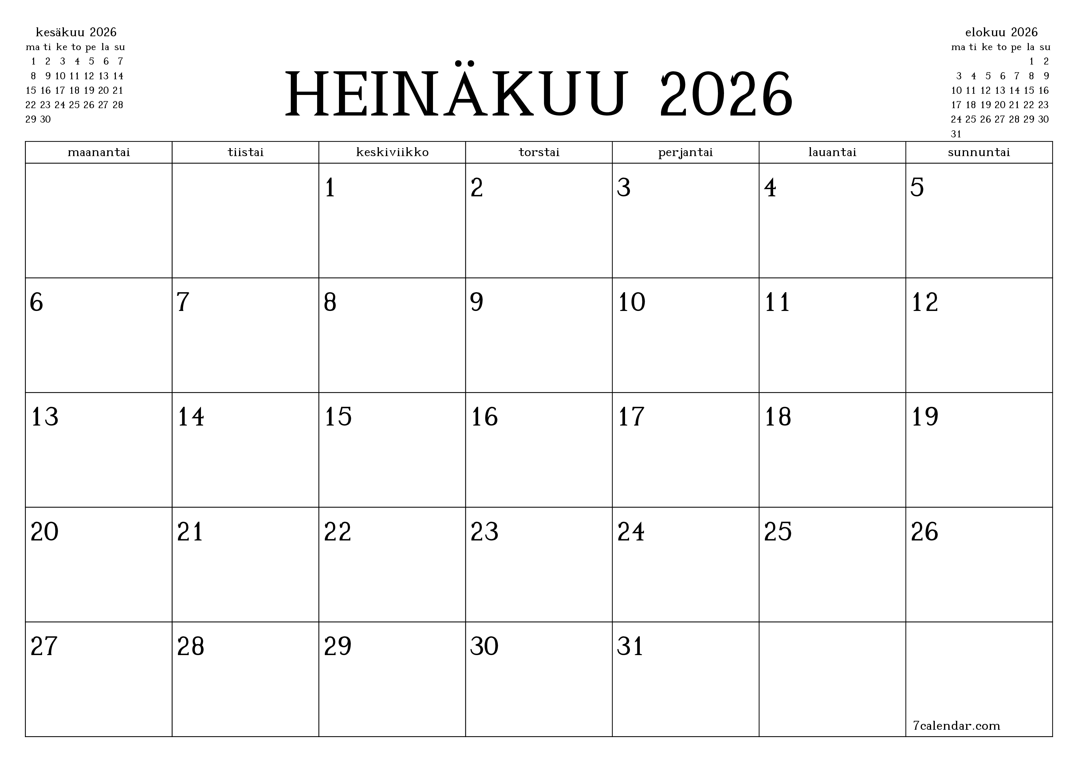 Tyhjennä kuukausittainen suunnittelija kuukaudelle Heinäkuu 2026 muistiinpanoilla, tallenna ja tulosta PDF-muotoon PNG Finnish