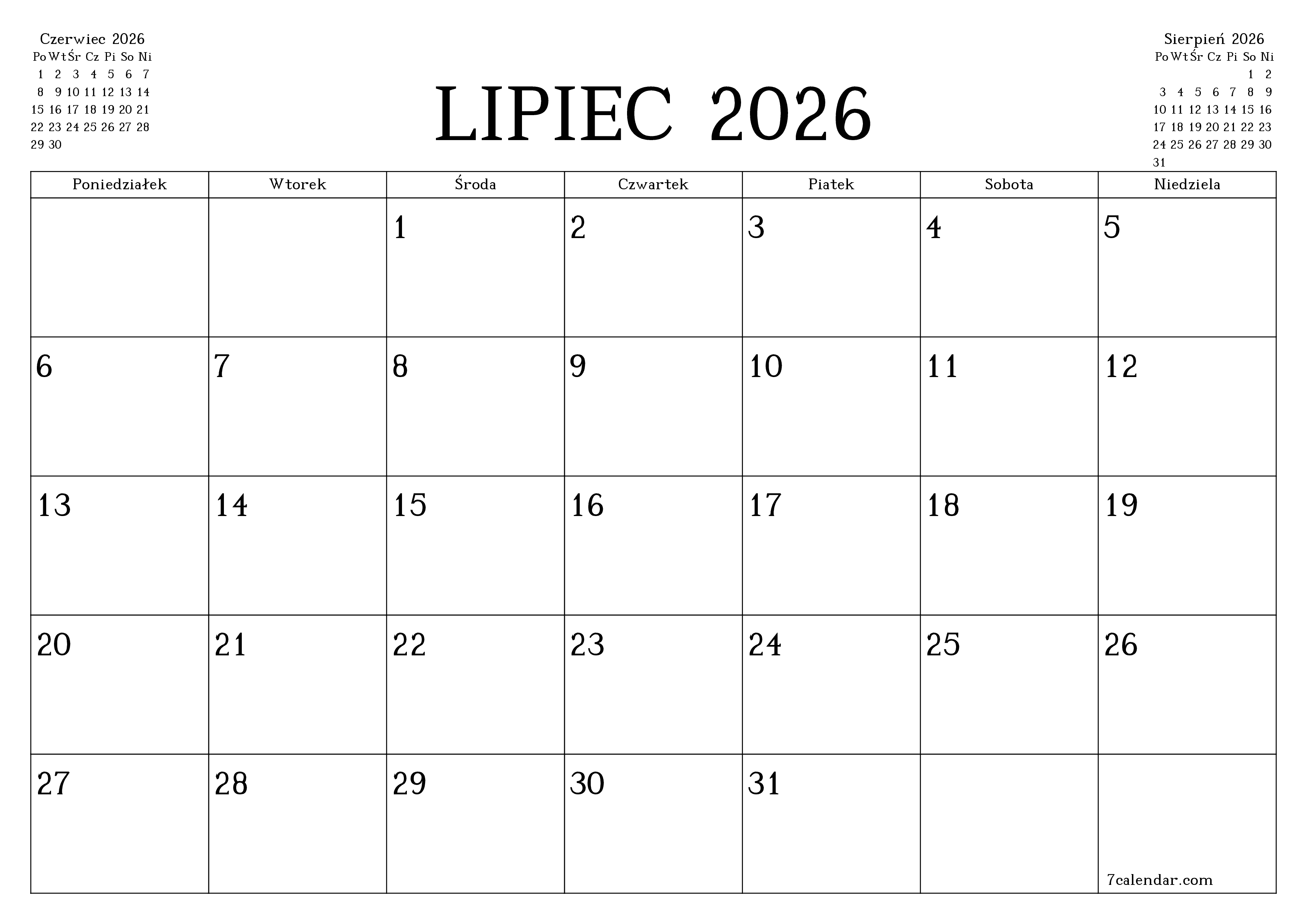 Opróżnij miesięczny planer na miesiąc Lipiec 2026 z notatkami, zapisz i wydrukuj w formacie PDF PNG Polish