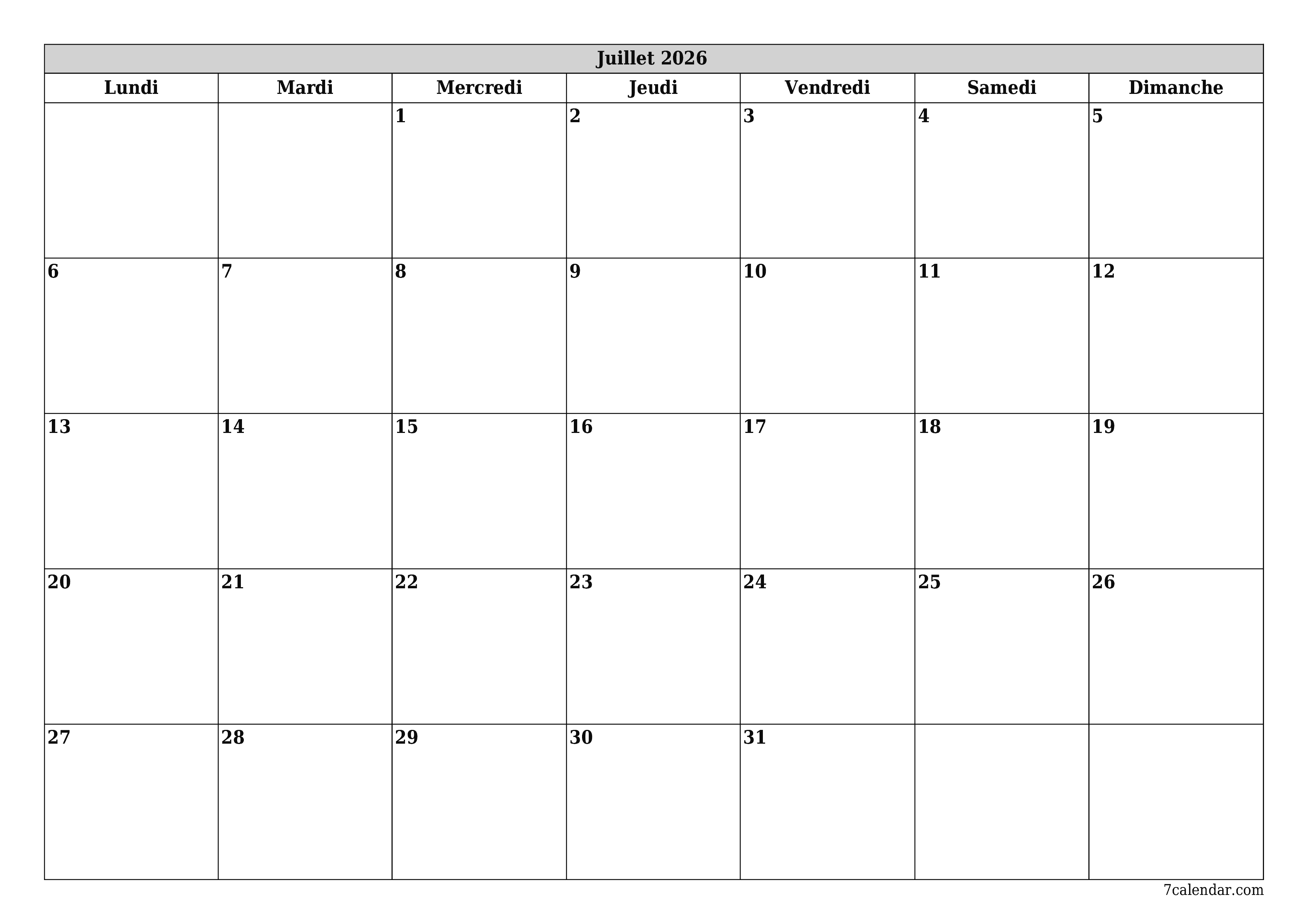 Agenda mensuel vide pour le mois Juillet 2026 avec notes, enregistrez et imprimez au format PDF PNG French