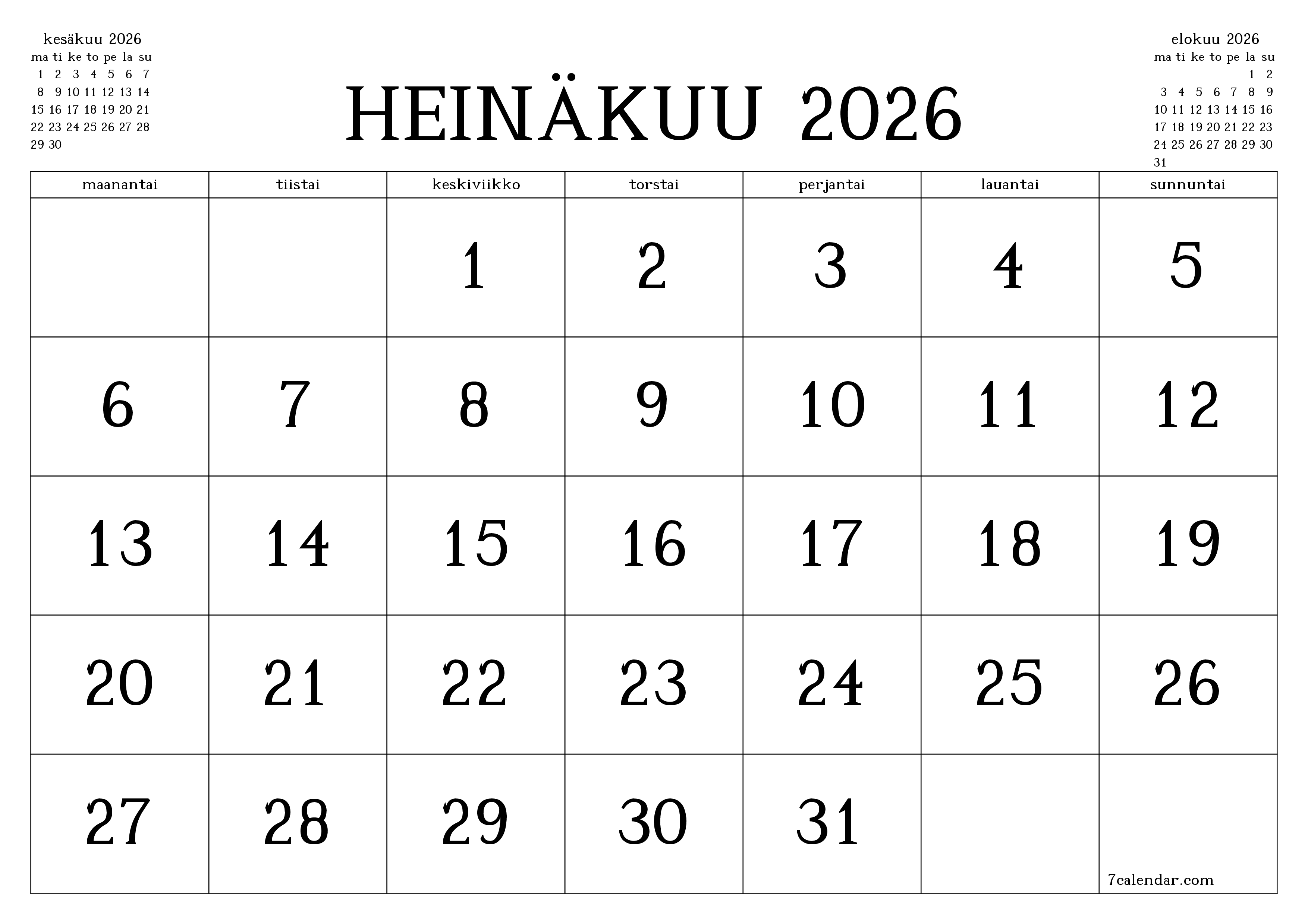 Tyhjennä kuukausittainen suunnittelija kuukaudelle Heinäkuu 2026 muistiinpanoilla, tallenna ja tulosta PDF-muotoon PNG Finnish