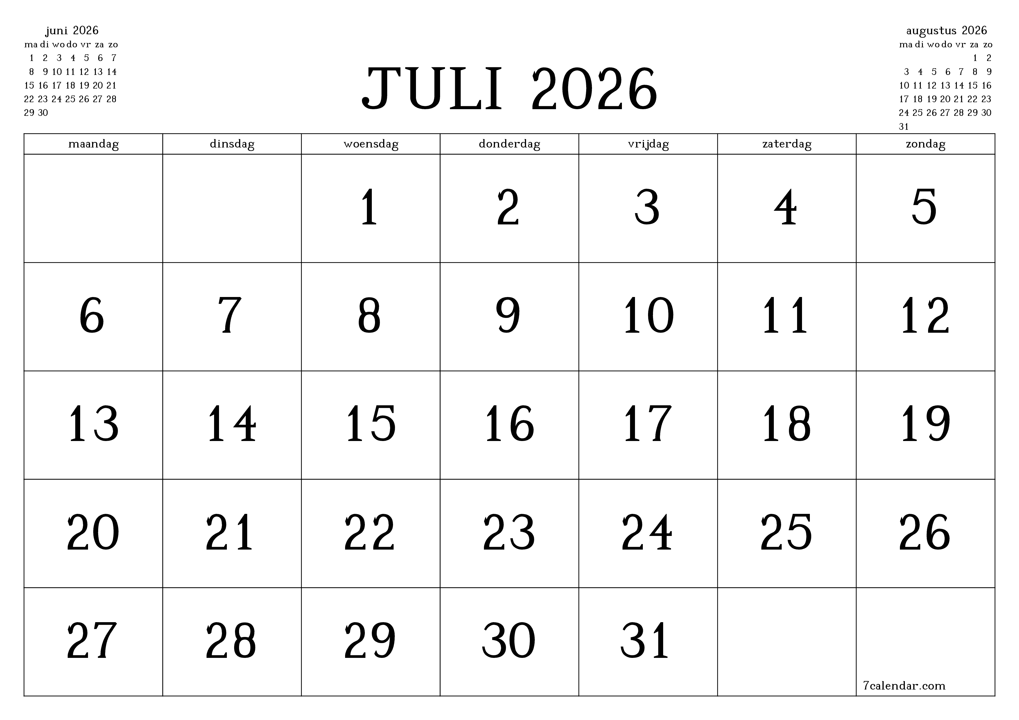 Lege maandplanner voor maand juli 2026 met notities, opslaan en afdrukken naar pdf PNG Dutch