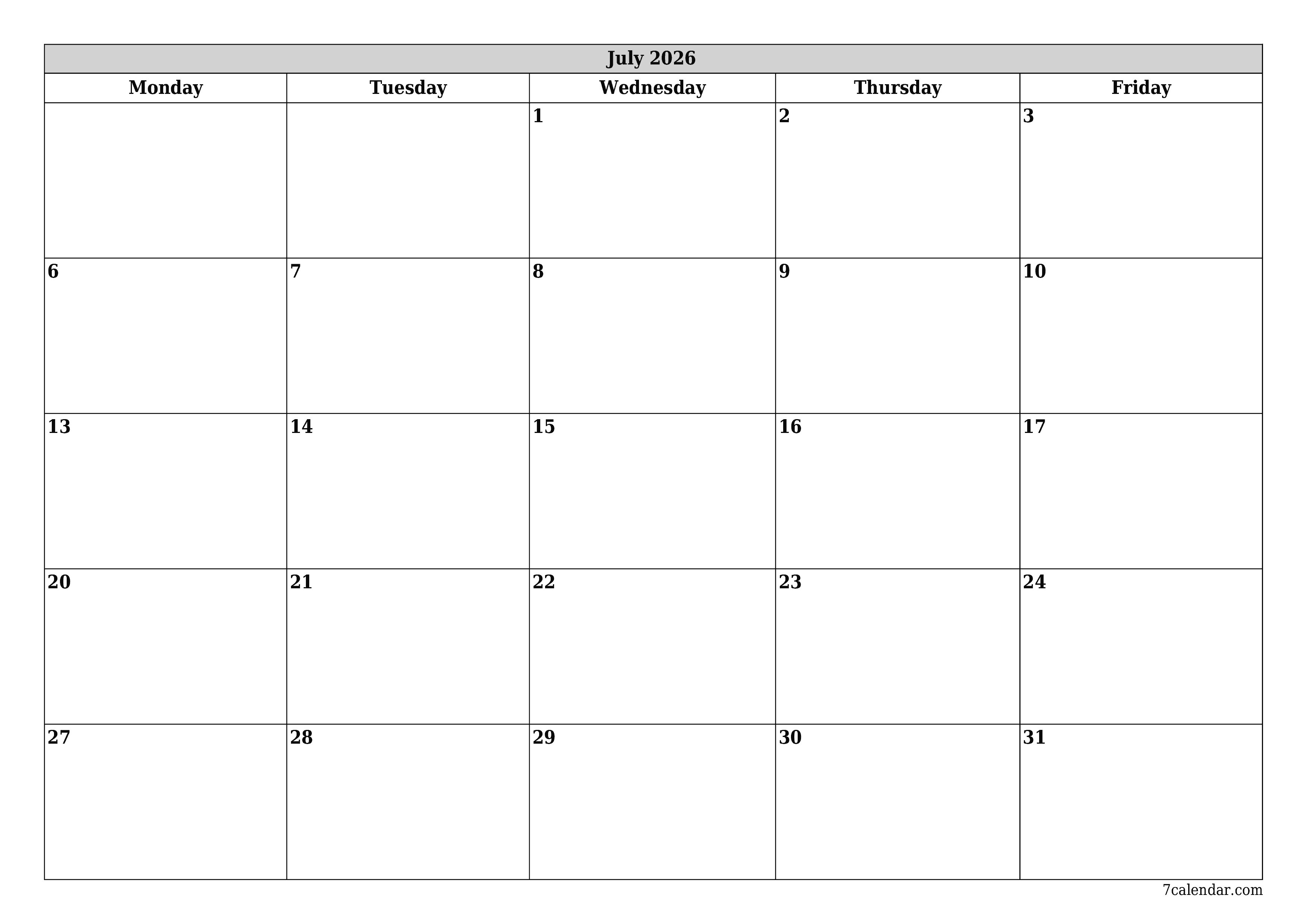 Blank monthly printable calendar and planner for month July 2026 with notes save and print to PDF PNG English